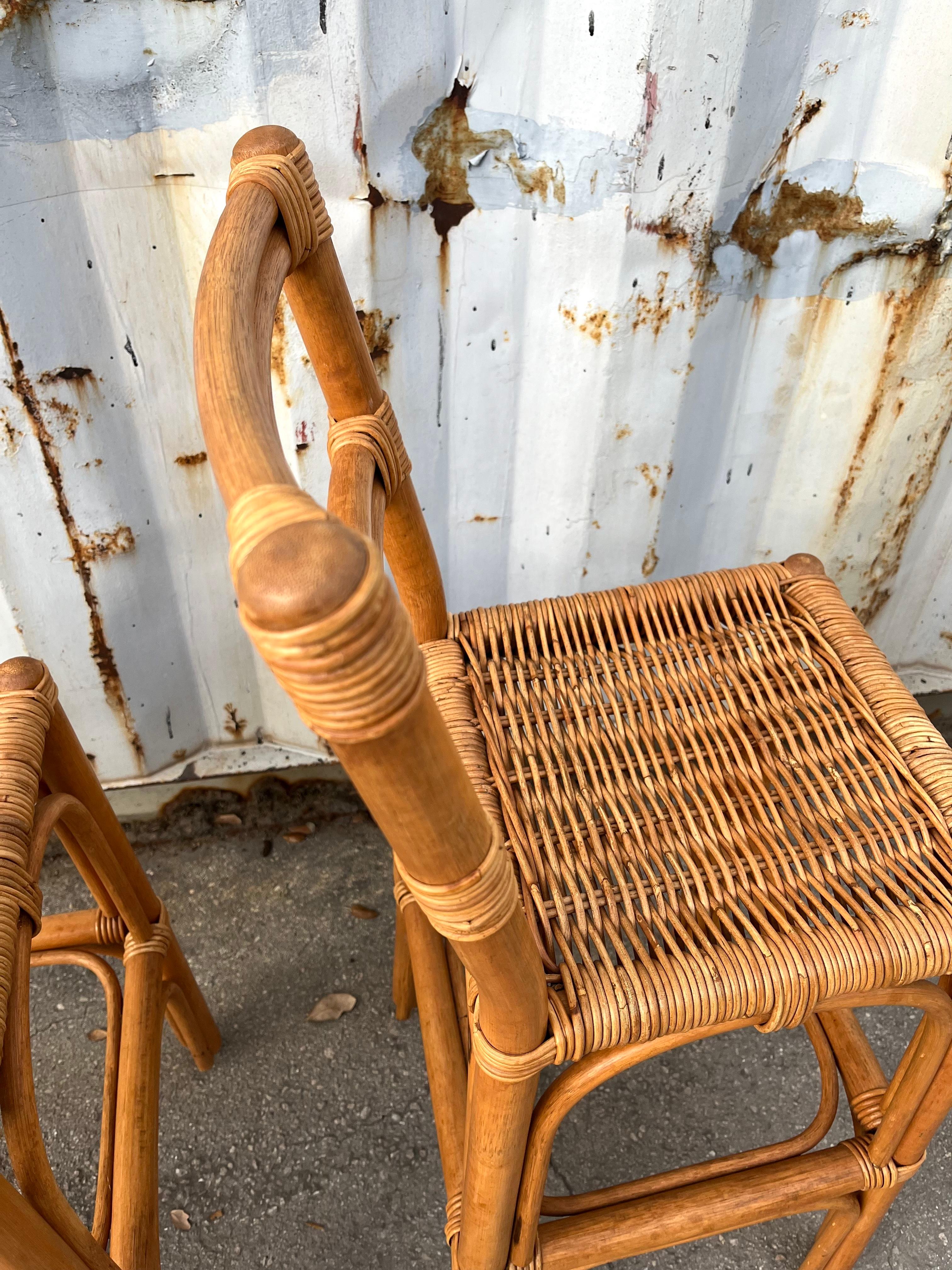 A Pair of Bohemian / Coastal Style Rattan Bar Stools. Circa 1970s For Sale 10
