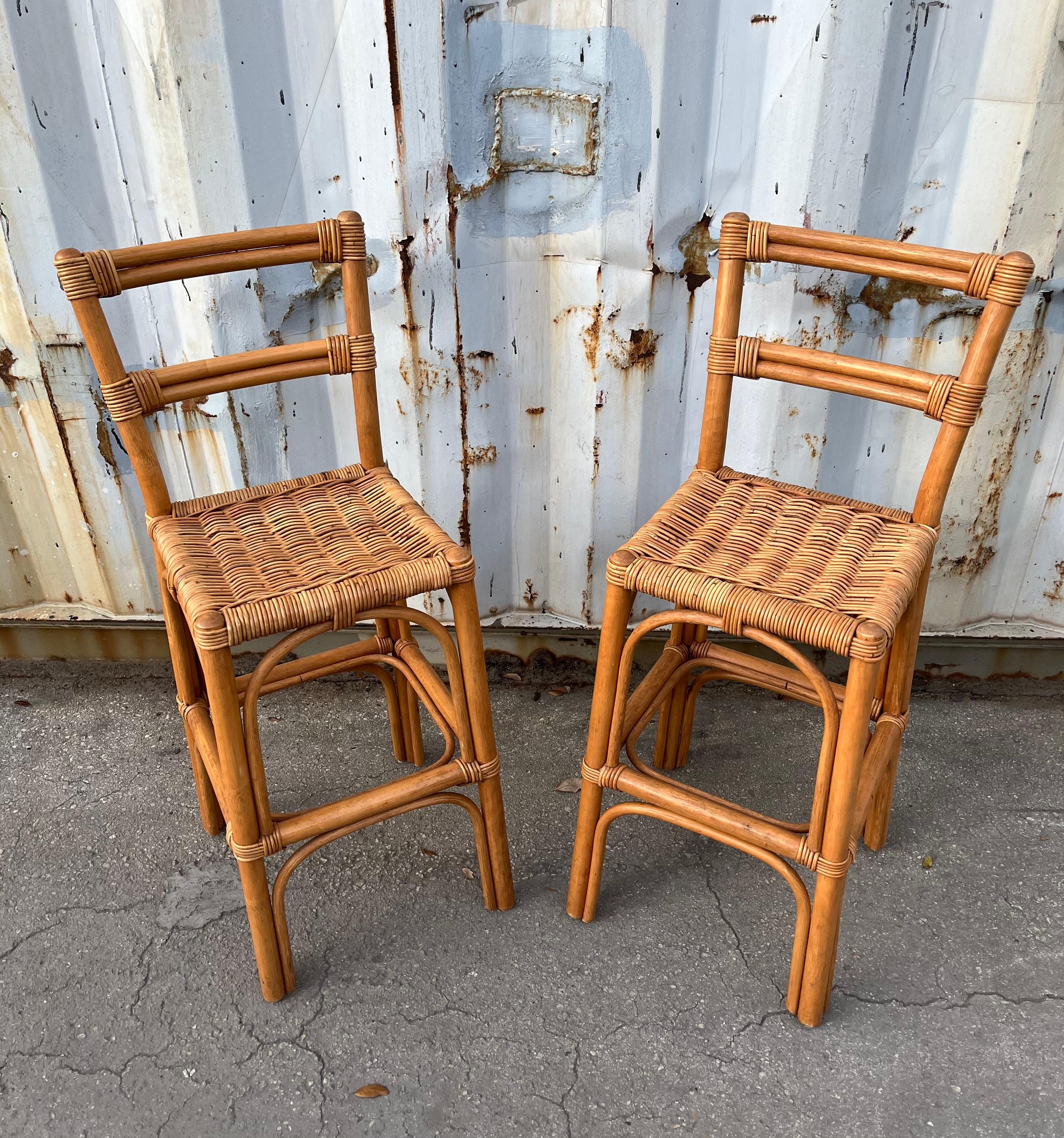 Unknown A Pair of Bohemian / Coastal Style Rattan Bar Stools. Circa 1970s For Sale