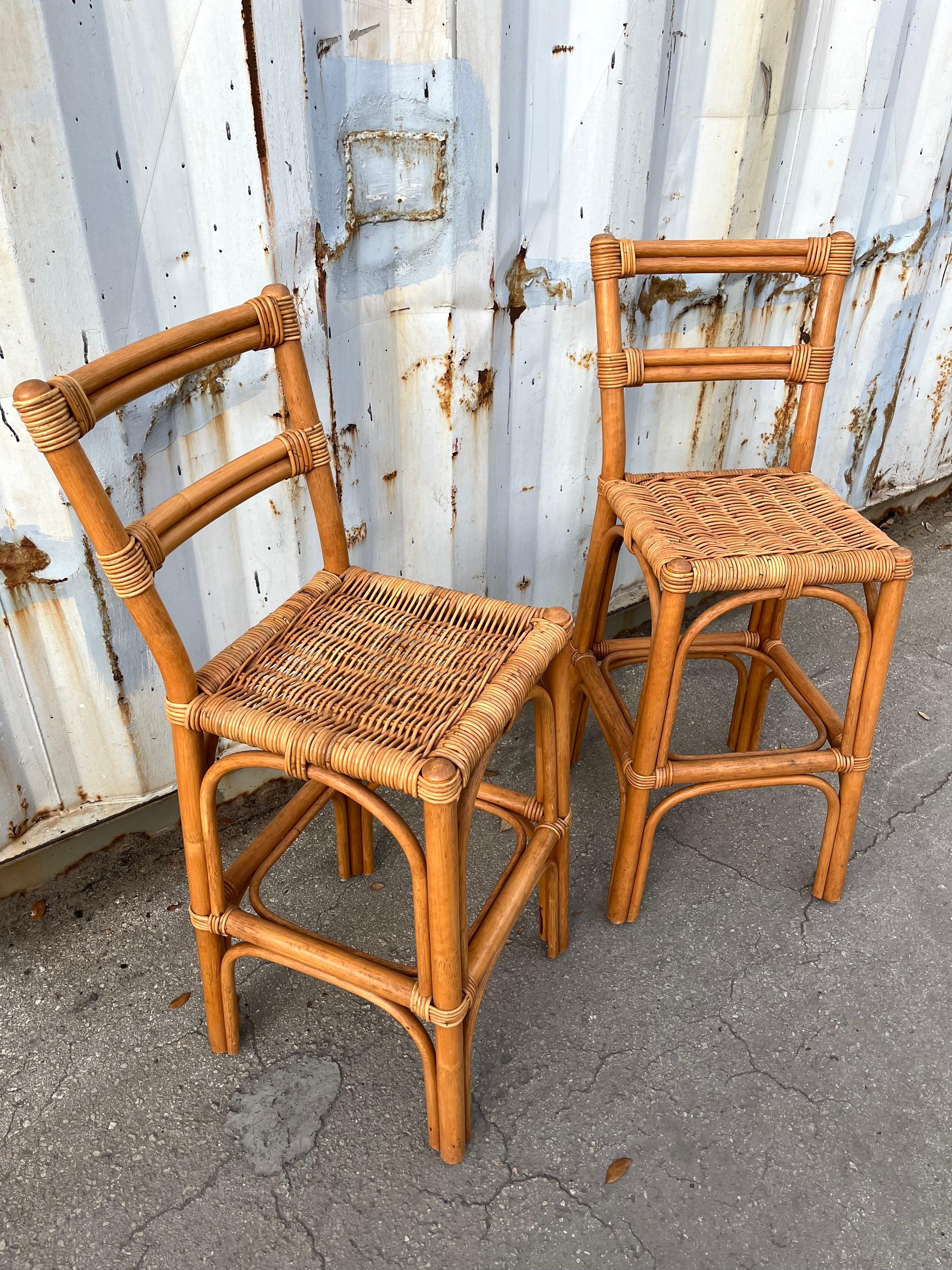 Woven A Pair of Bohemian / Coastal Style Rattan Bar Stools. Circa 1970s For Sale