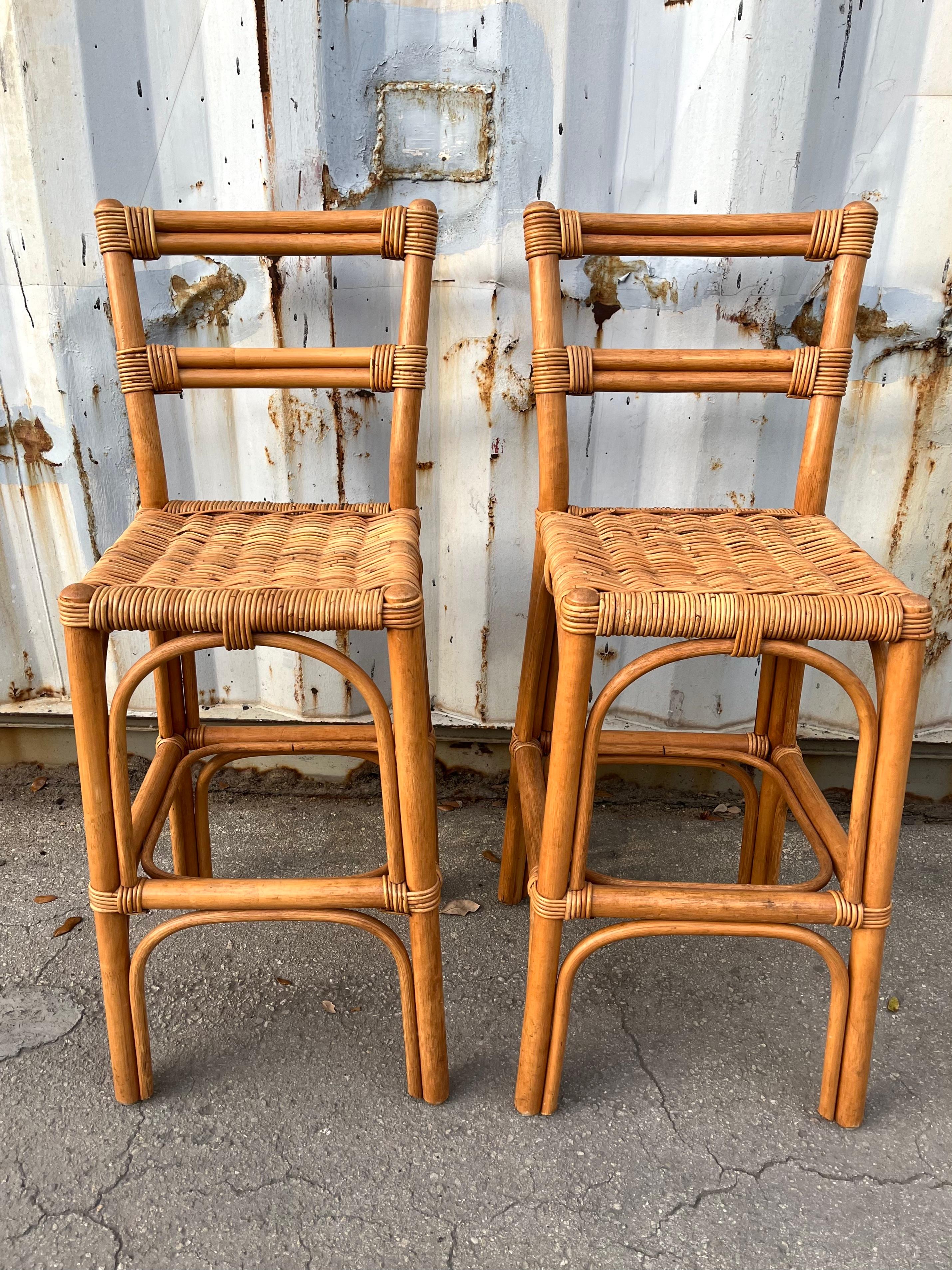 Late 20th Century A Pair of Bohemian / Coastal Style Rattan Bar Stools. Circa 1970s For Sale