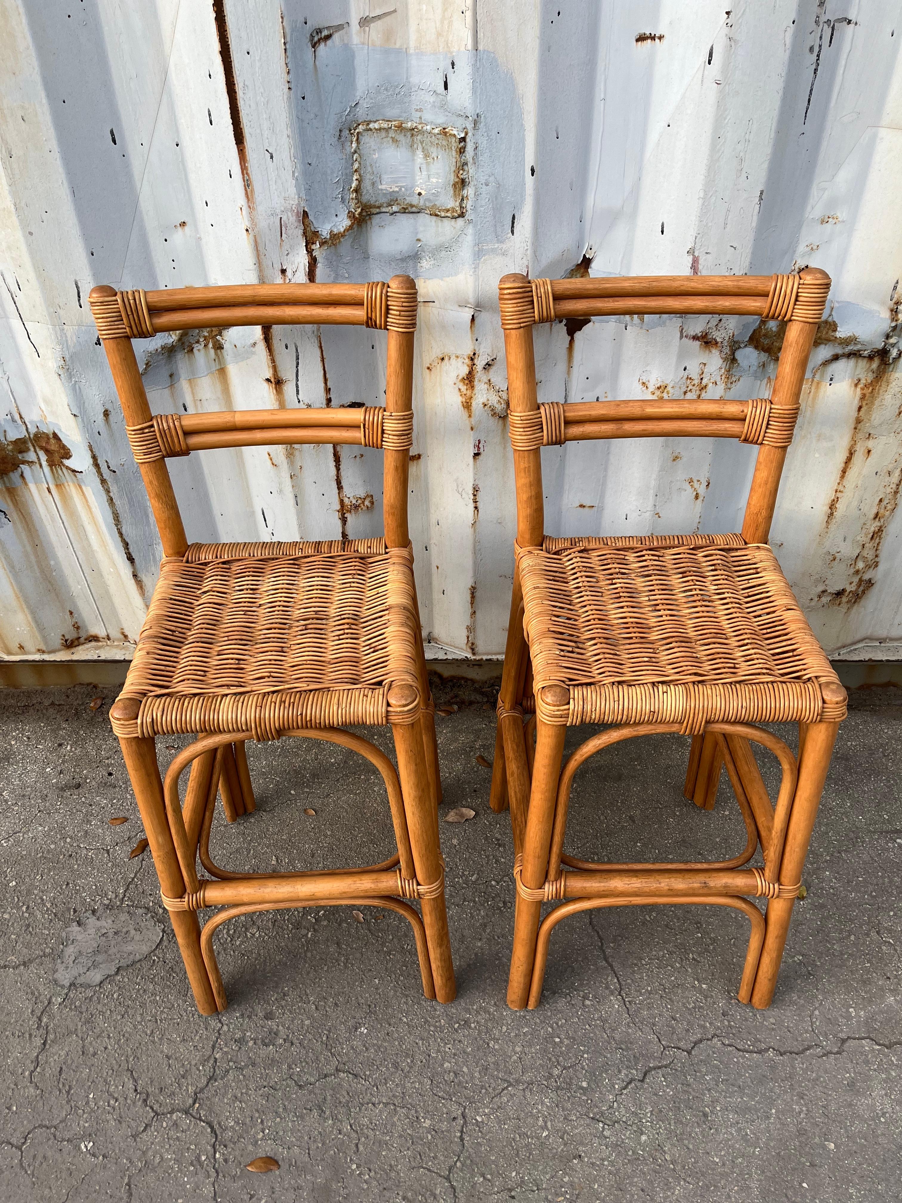 Wicker A Pair of Bohemian / Coastal Style Rattan Bar Stools. Circa 1970s For Sale