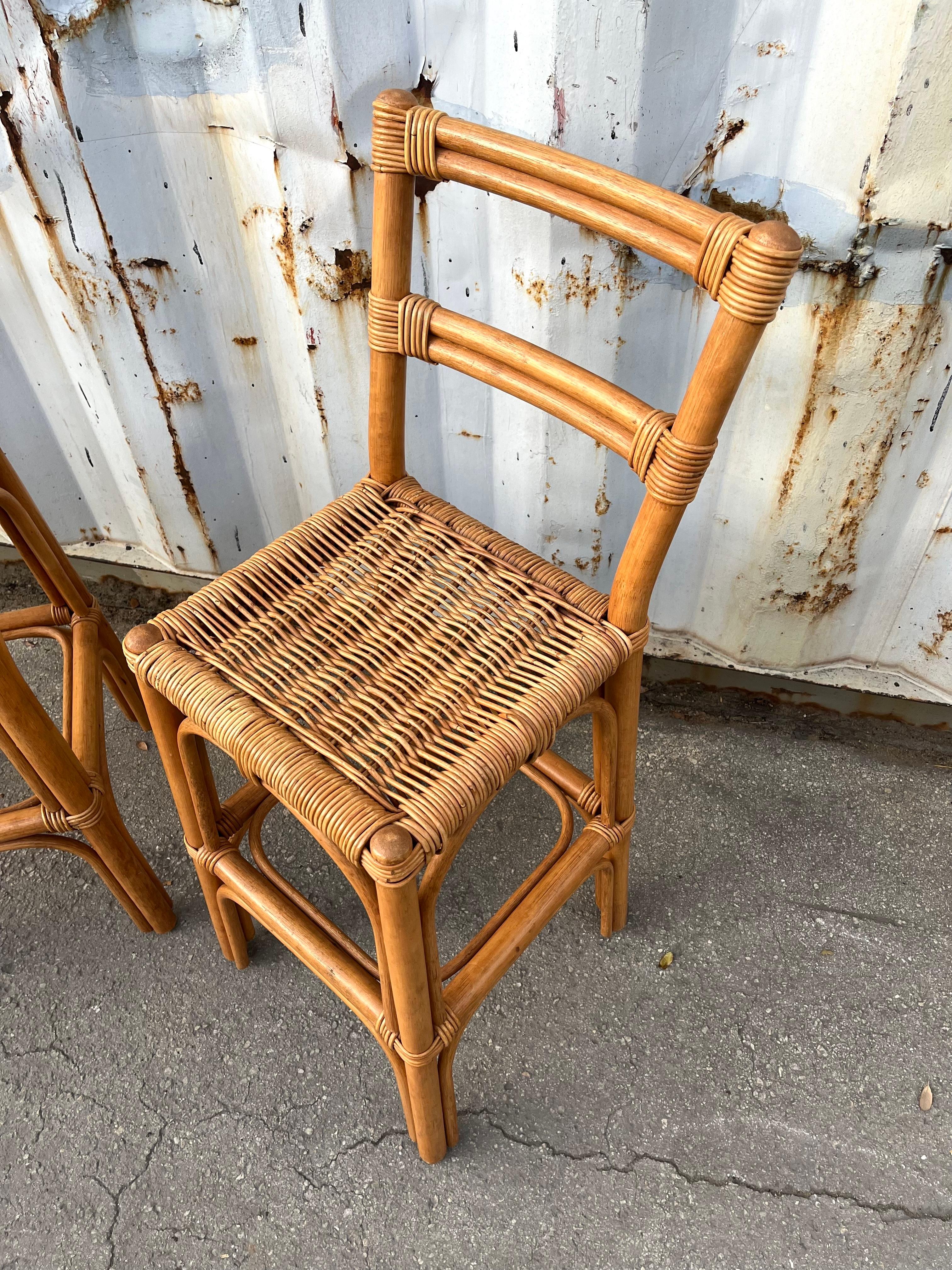 A Pair of Bohemian / Coastal Style Rattan Bar Stools. Circa 1970s For Sale 1