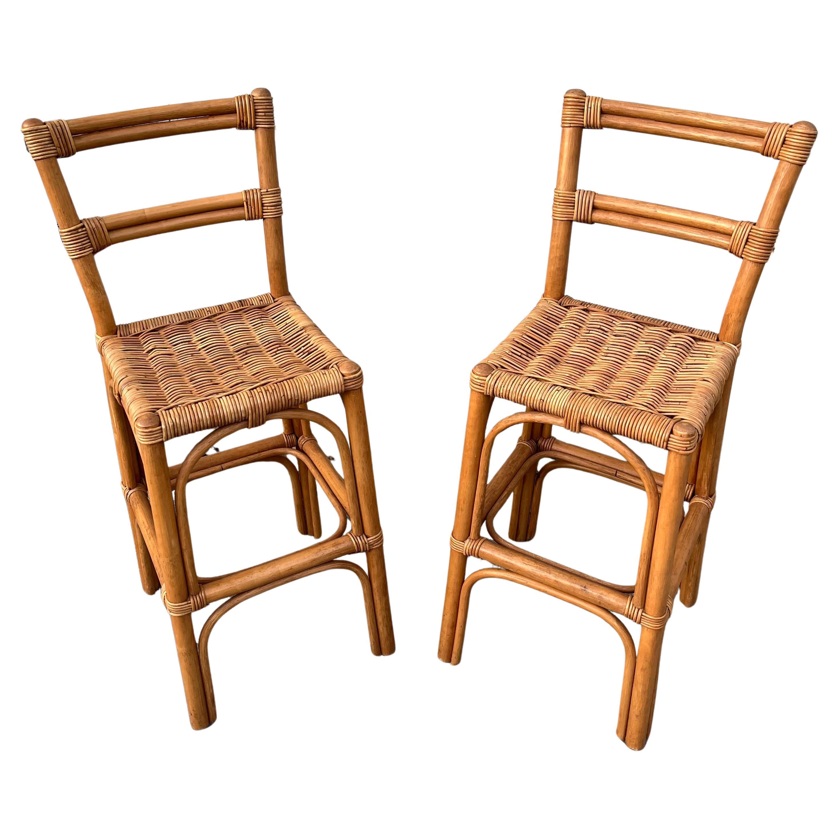 A Pair of Bohemian / Coastal Style Rattan Bar Stools. Circa 1970s For Sale