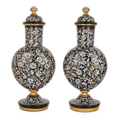 Pair of Bohemian Enamelled Black Glass Vases and Covers