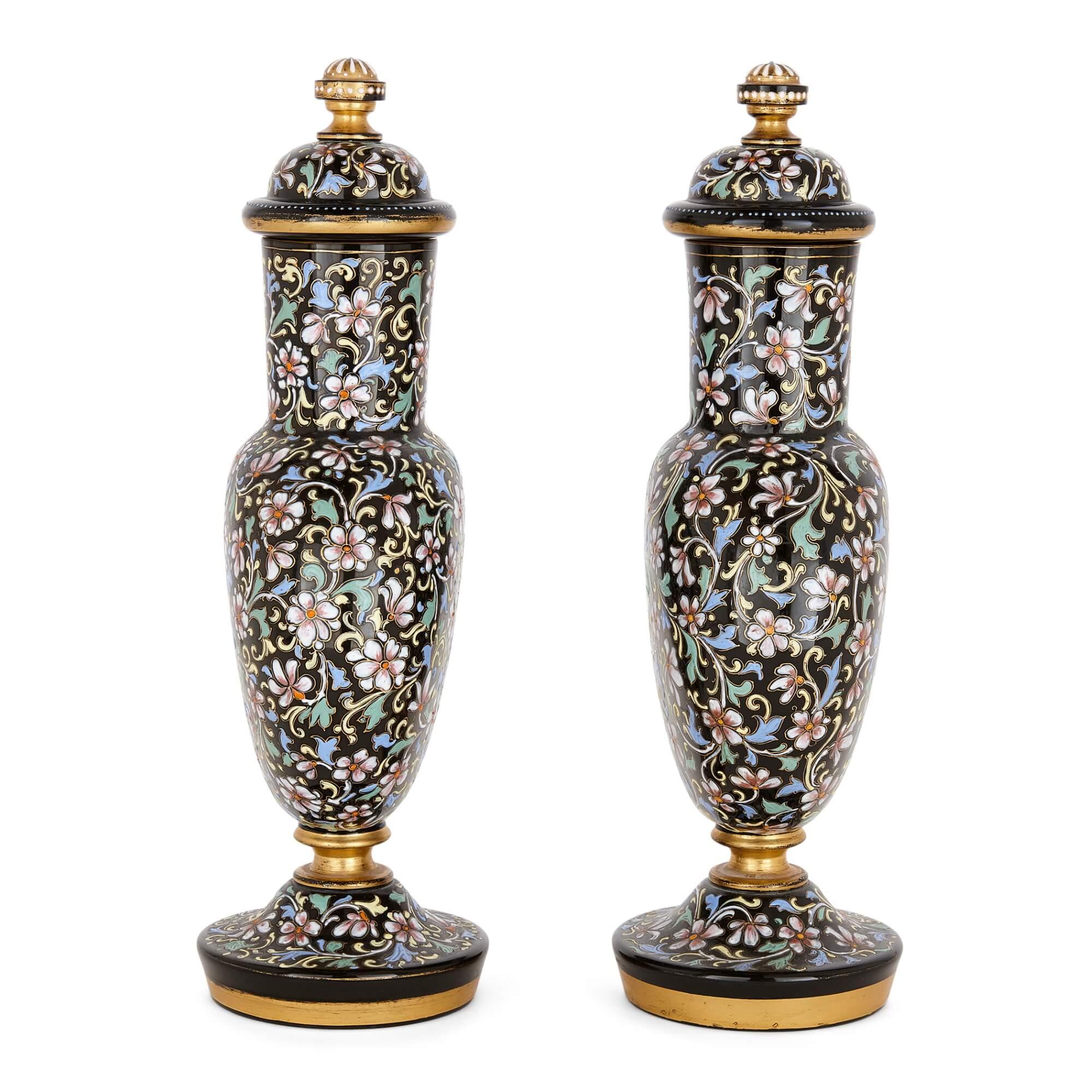 Czech Pair of Bohemian Enamelled Black Glass Vases and Covers For Sale