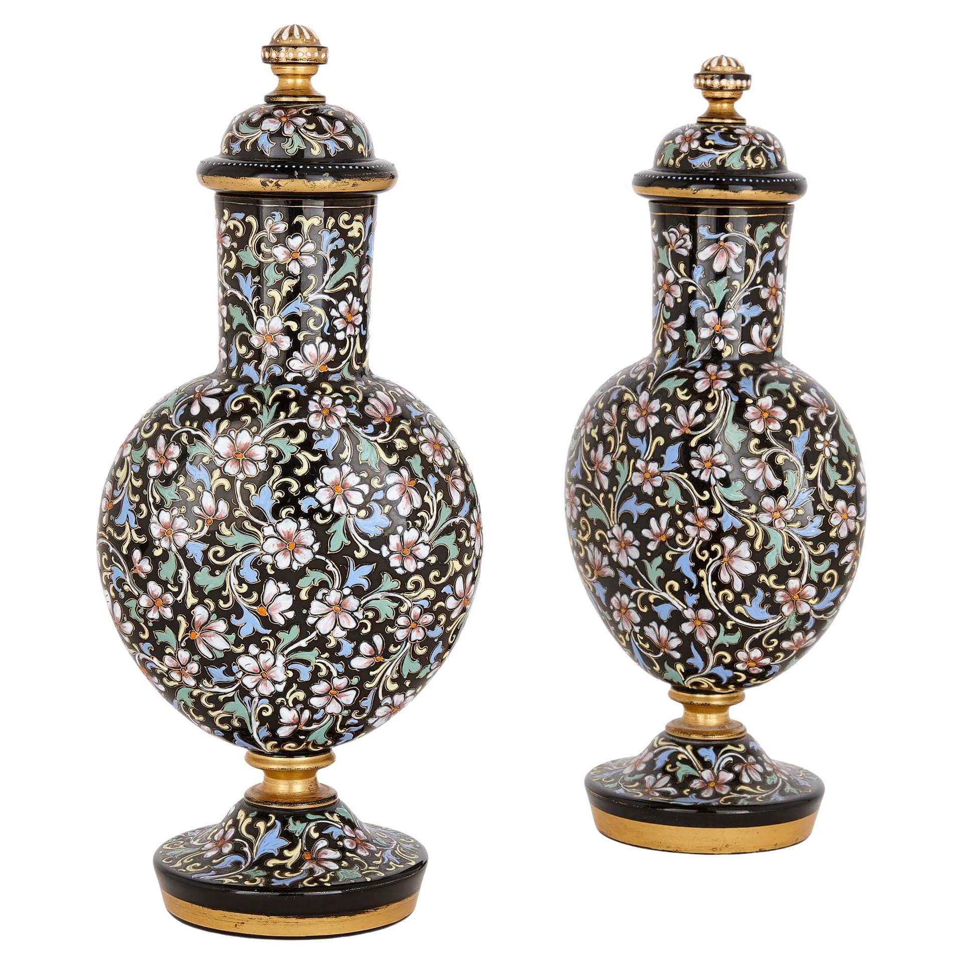 Pair of Bohemian Enamelled Black Glass Vases and Covers For Sale