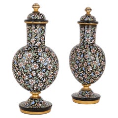 Pair of Bohemian Enamelled Black Glass Vases and Covers