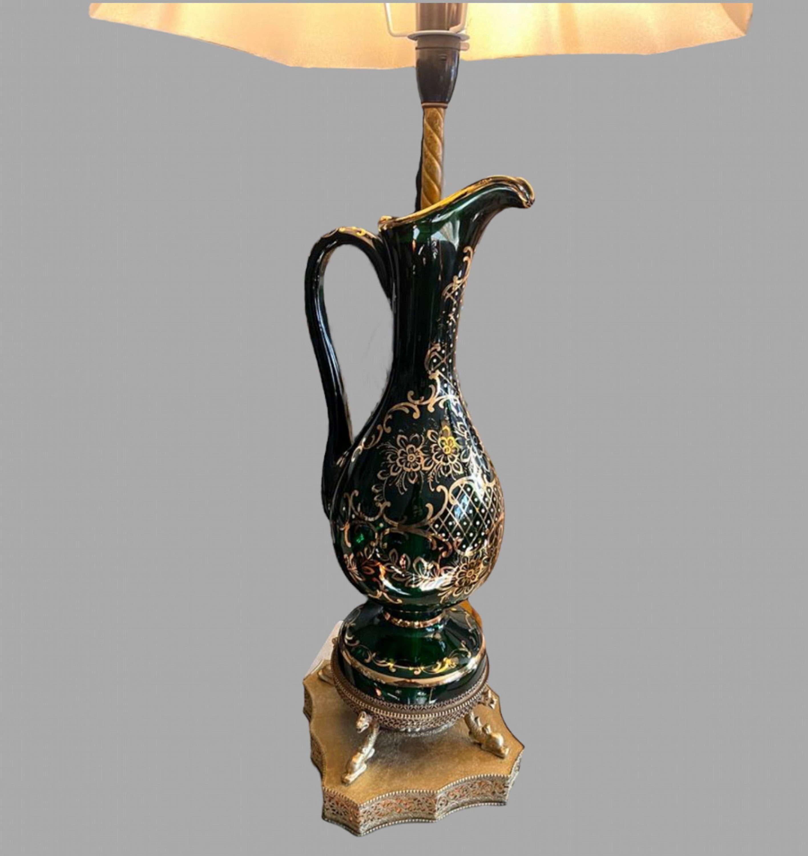 European A Pair of Bohemian Green Glass Claret Jug Lamps For Sale