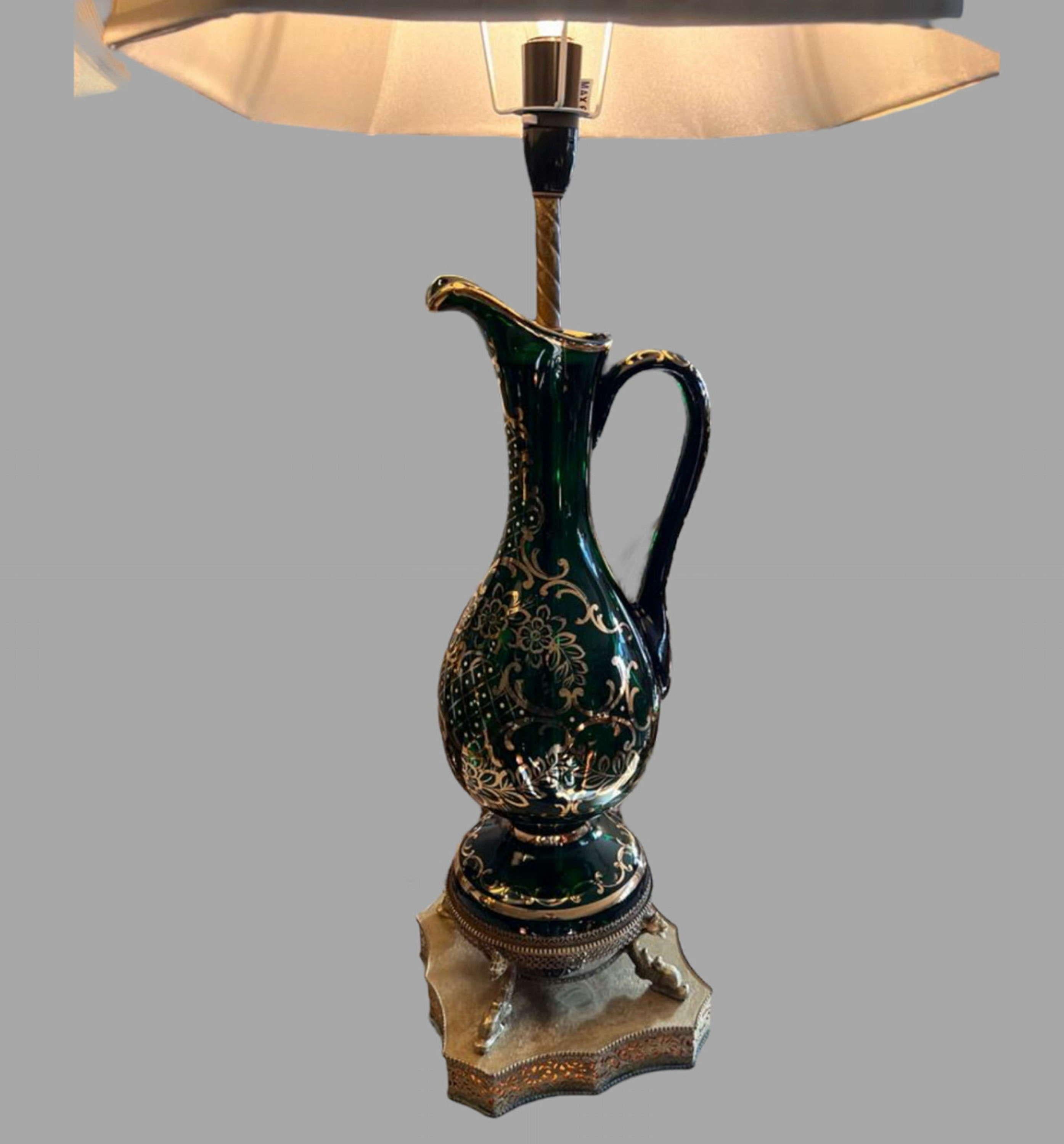 A Pair of Bohemian Green Glass Claret Jug Lamps In Good Condition For Sale In Pewsey, GB