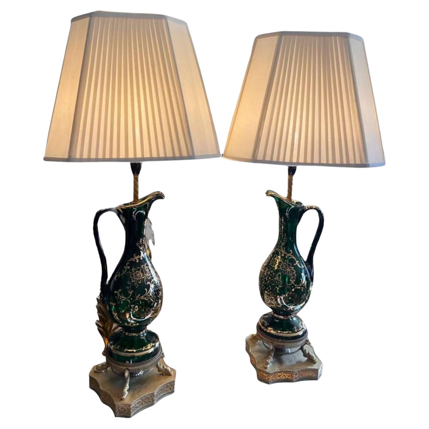 A Pair of Bohemian Green Glass Claret Jug Lamps For Sale