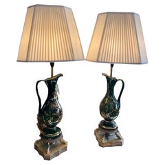 Retro A Pair of Bohemian Green Glass Claret Jug Lamps