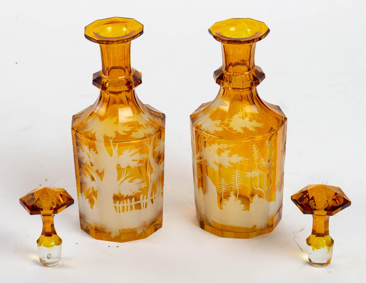 Hungarian Pair of Bohemian Hunting Decanters