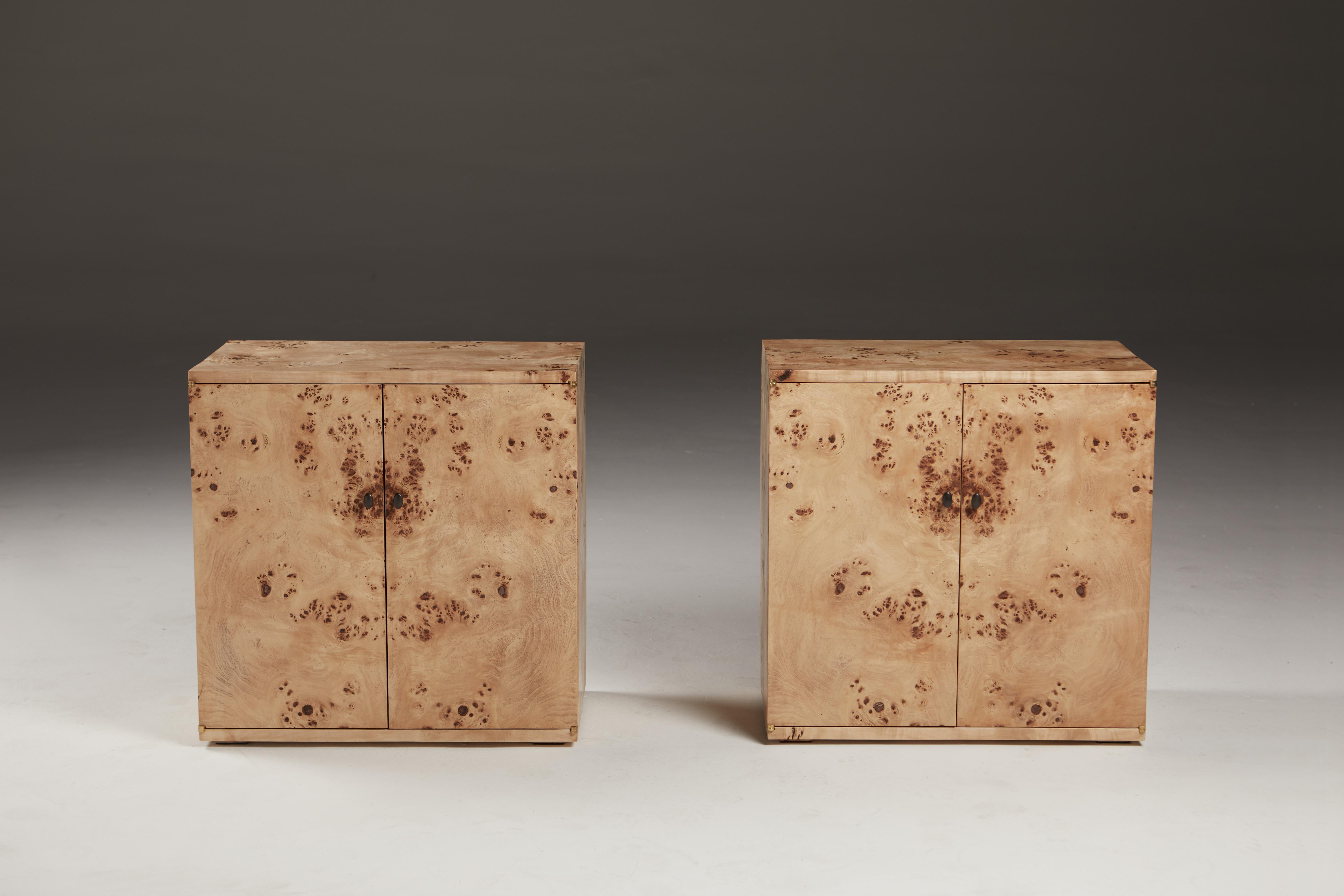 Organic Modern Pair of Book-Matched Bedside or Living Room Cabinets in Mappa Burr. For Sale
