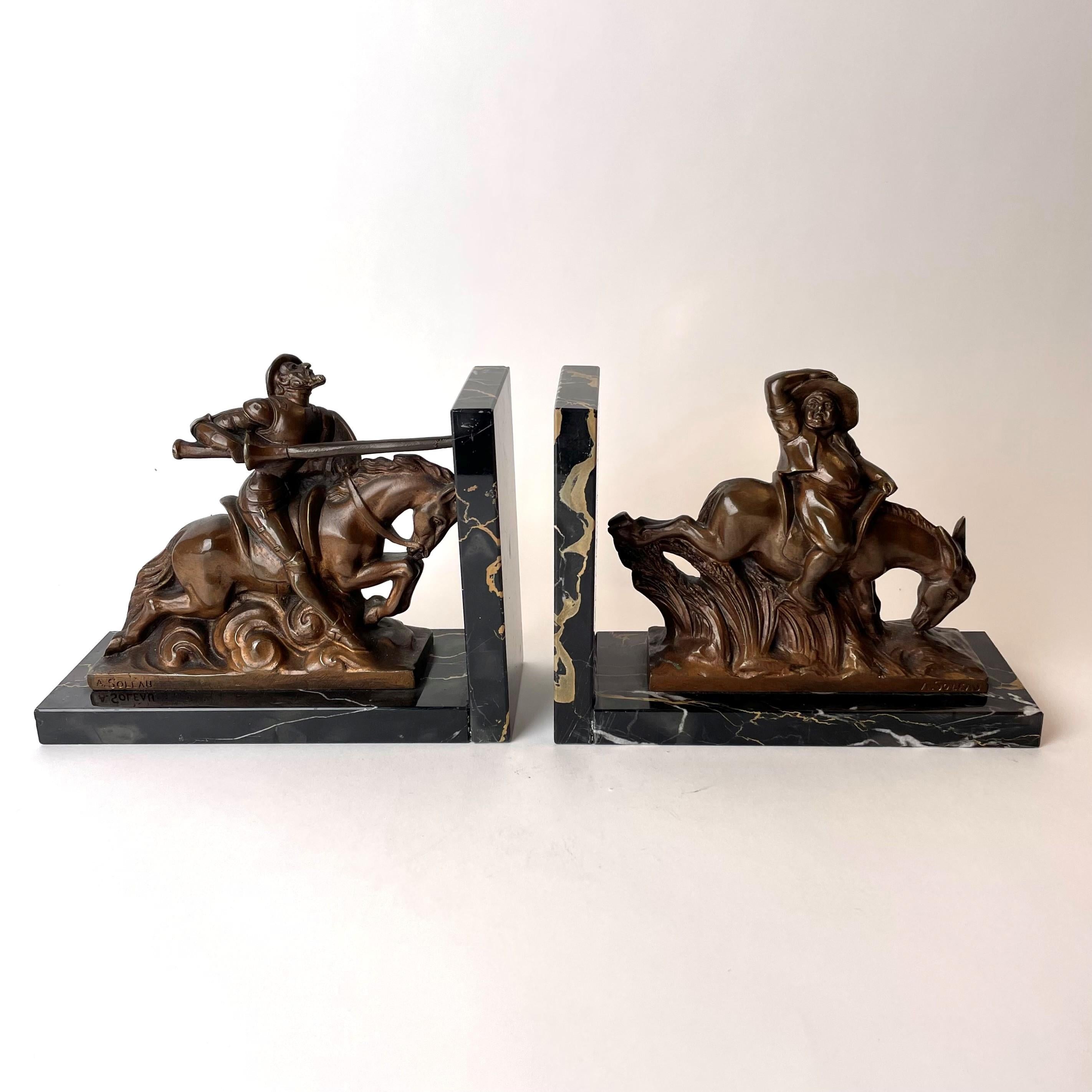Art Deco Pair of Bookends with Scenes from Don Quixote, Signed A. Soleau.