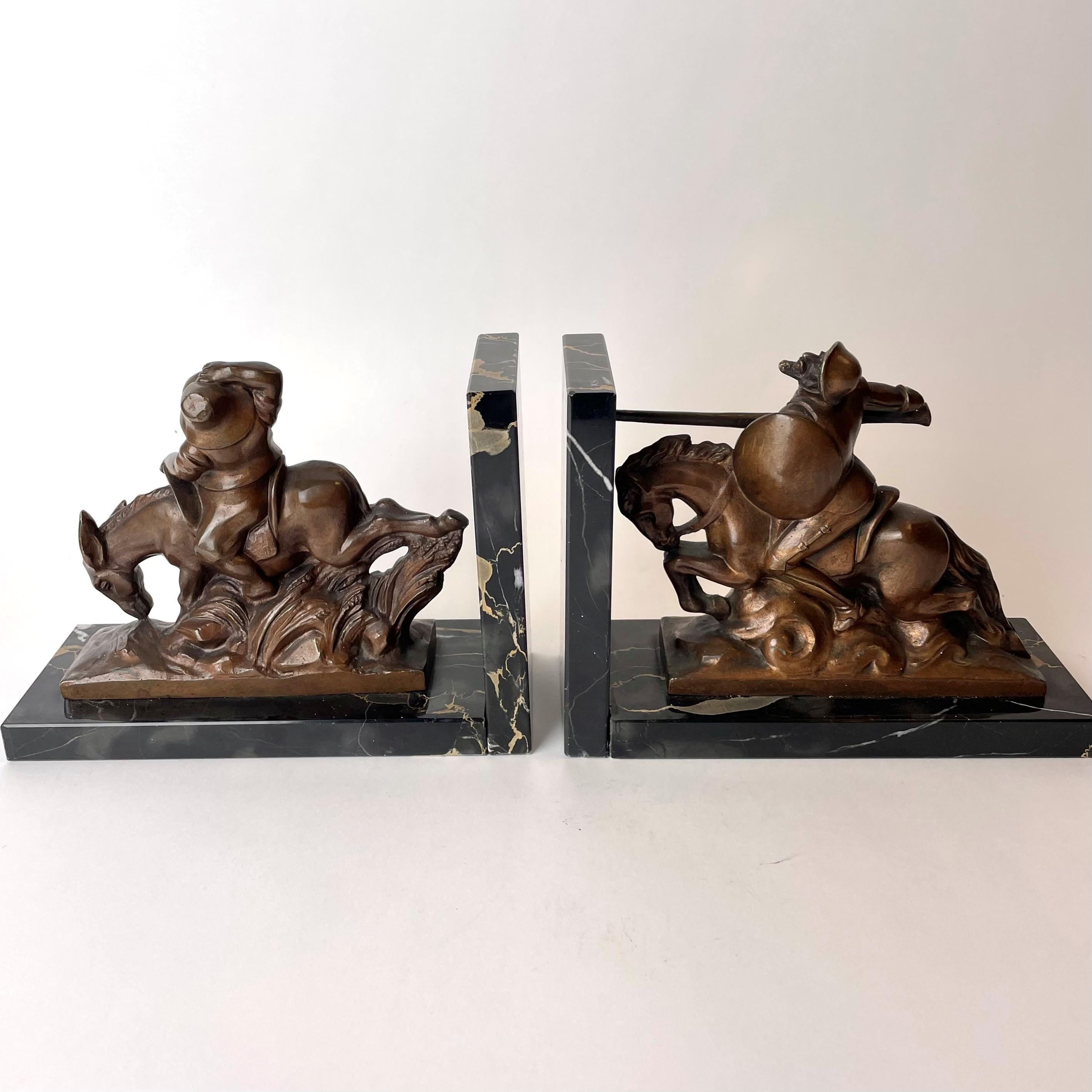 French Pair of Bookends with Scenes from Don Quixote, Signed A. Soleau.