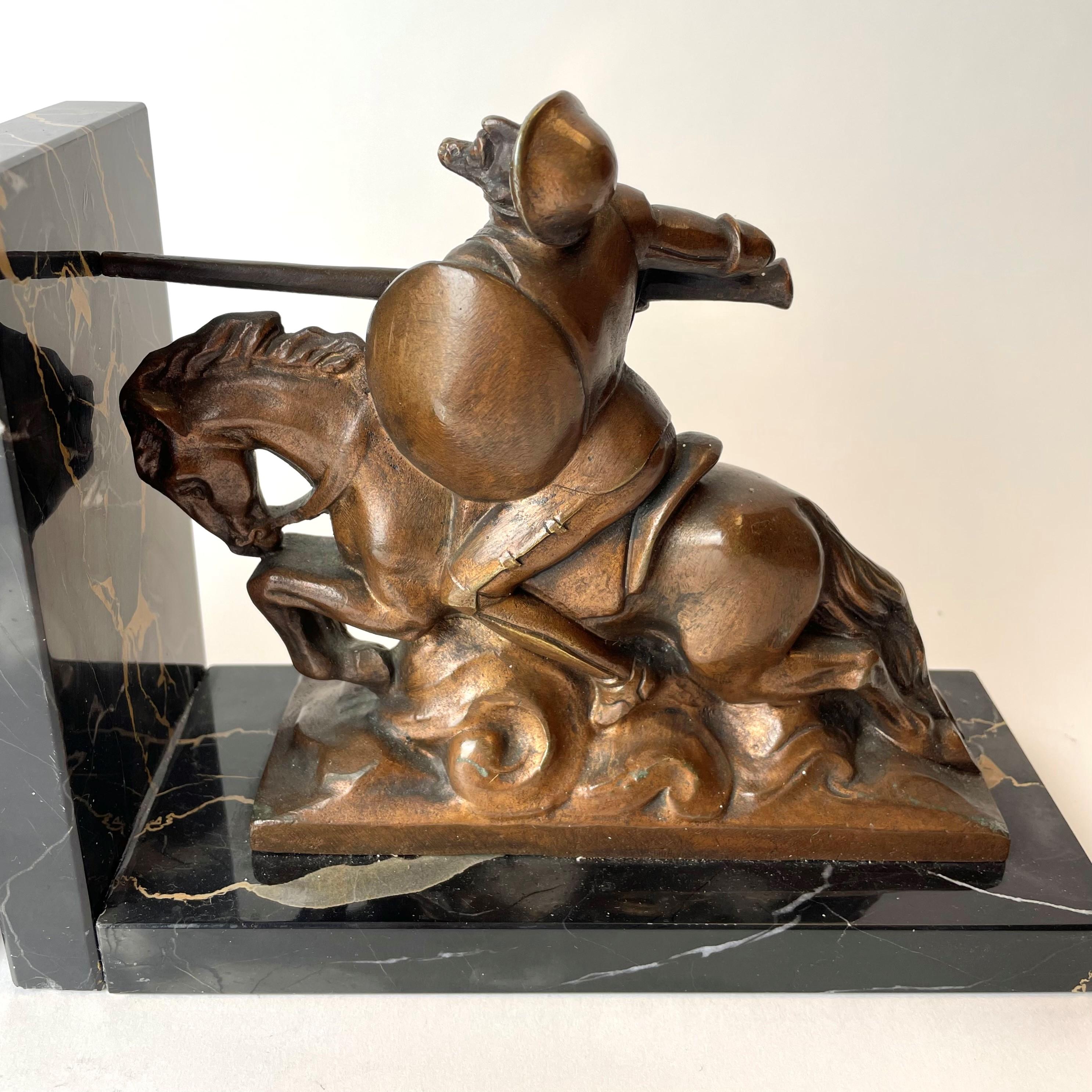 Bronze Pair of Bookends with Scenes from Don Quixote, Signed A. Soleau.