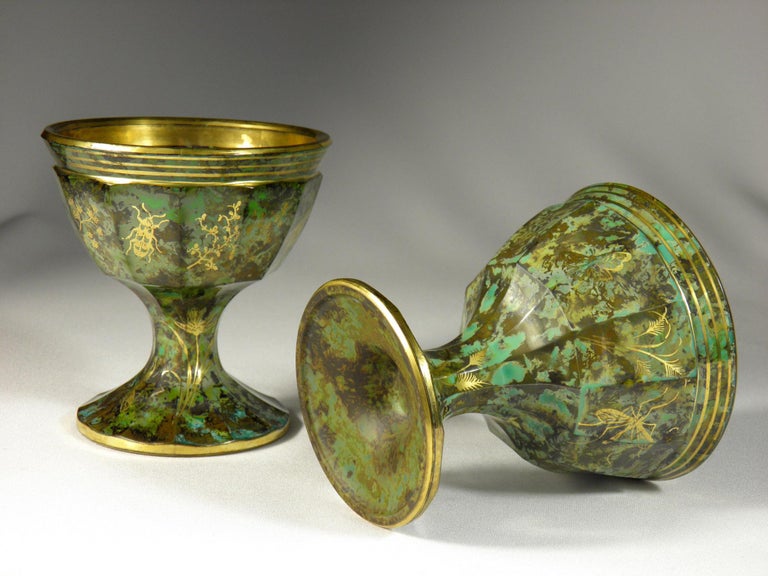 Beautiful pair of ice cream glass bowls with imitation semi-precious stones. Hand cut and painted with gold, Probably made in the first half of the 20th century in northern Bohemia, Imitation marble and stone glass was the prerogative of Czech