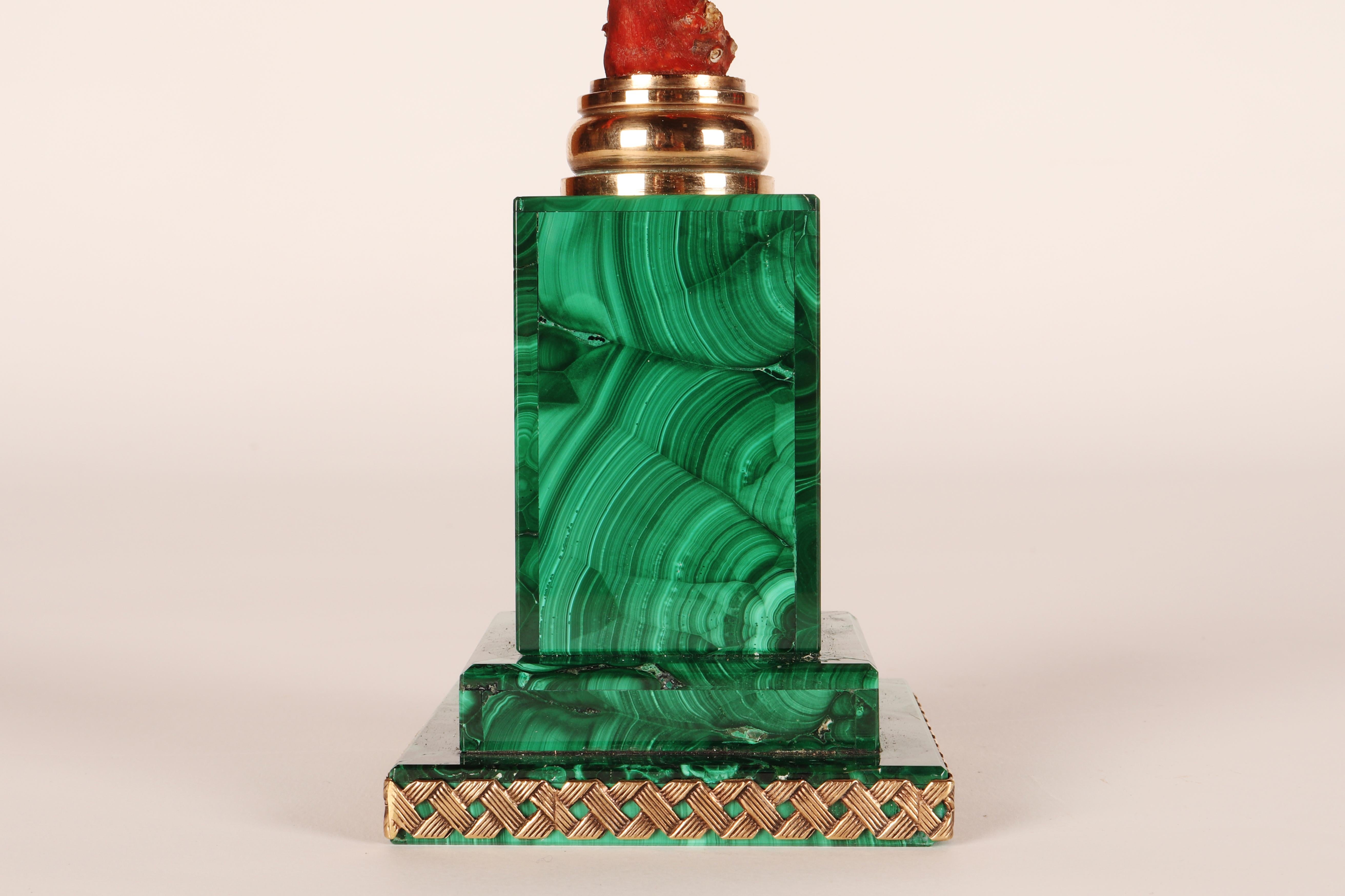 A pair of branches of Mediterranean red coral, on malachite bases, Italy 1880s. 11