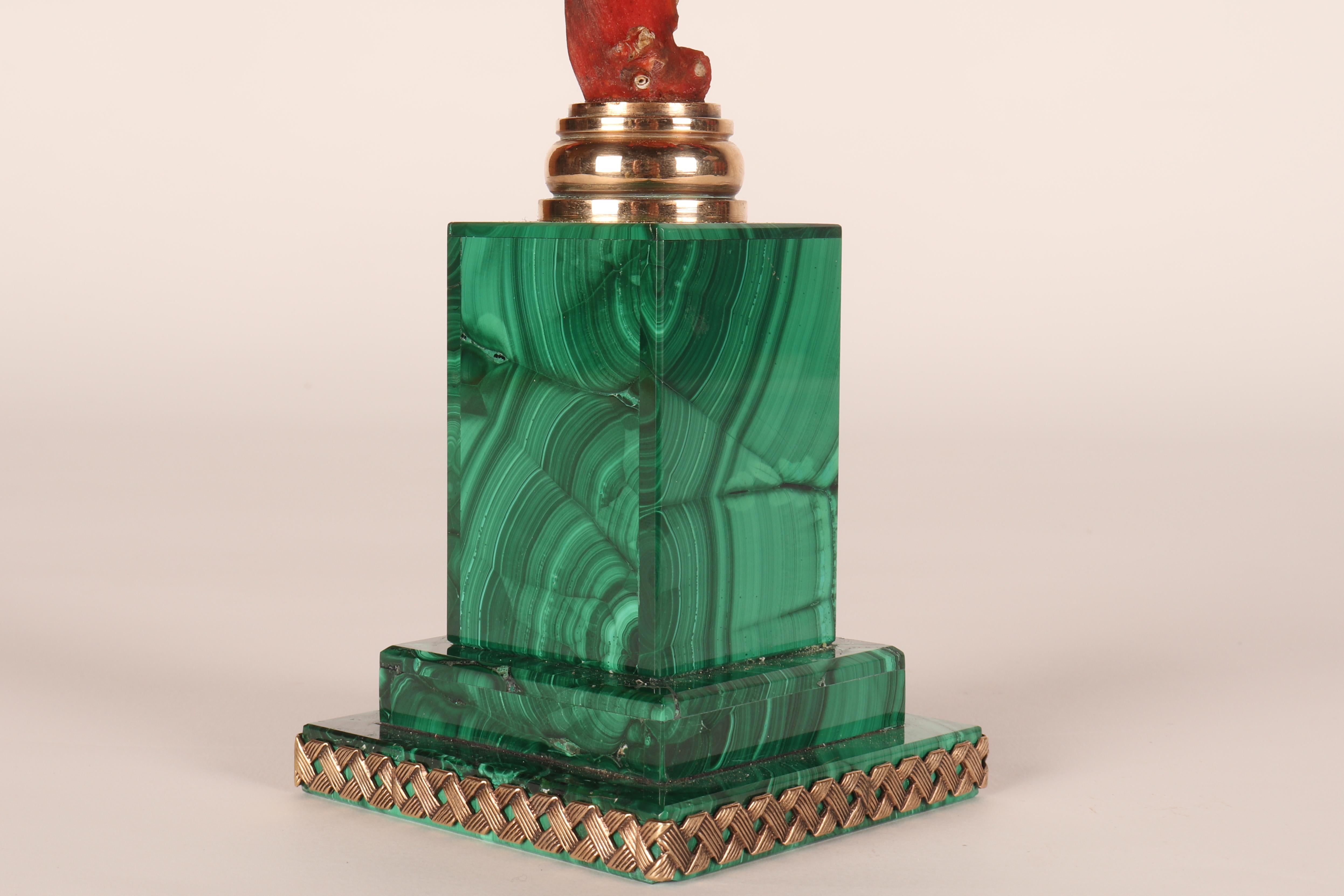 A pair of branches of Mediterranean red coral, on malachite bases, Italy 1880s. 12