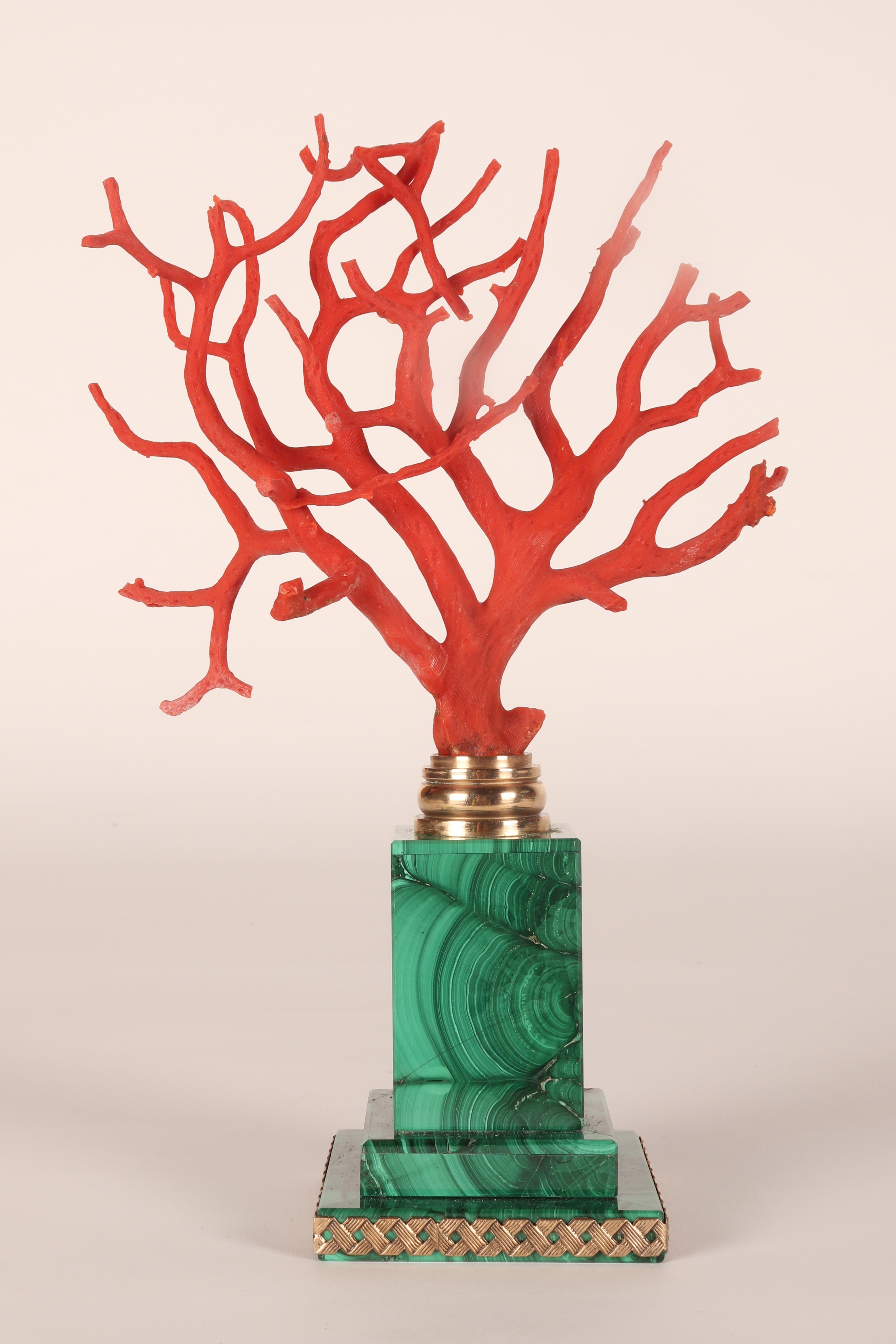 19th Century A pair of branches of Mediterranean red coral, on malachite bases, Italy 1880s.