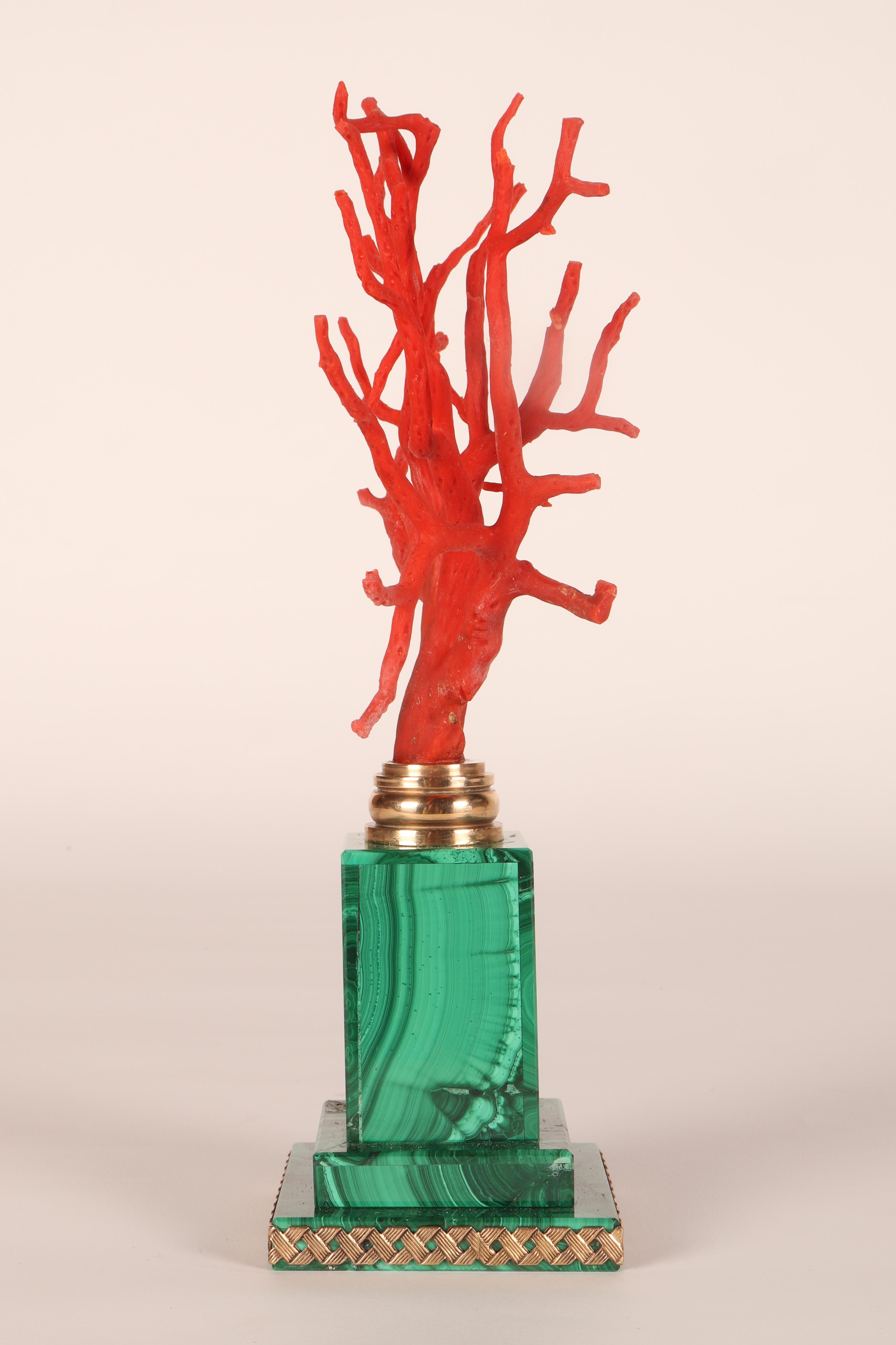Bronze A pair of branches of Mediterranean red coral, on malachite bases, Italy 1880s.