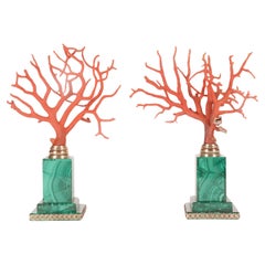 Antique A pair of branches of Mediterranean red coral, on malachite bases, Italy 1880s.