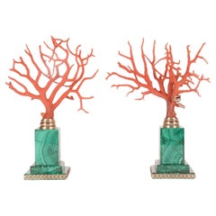 Paire de branches de corail rouge méditerranéen, sur socle en malachite, Italie, années 1880