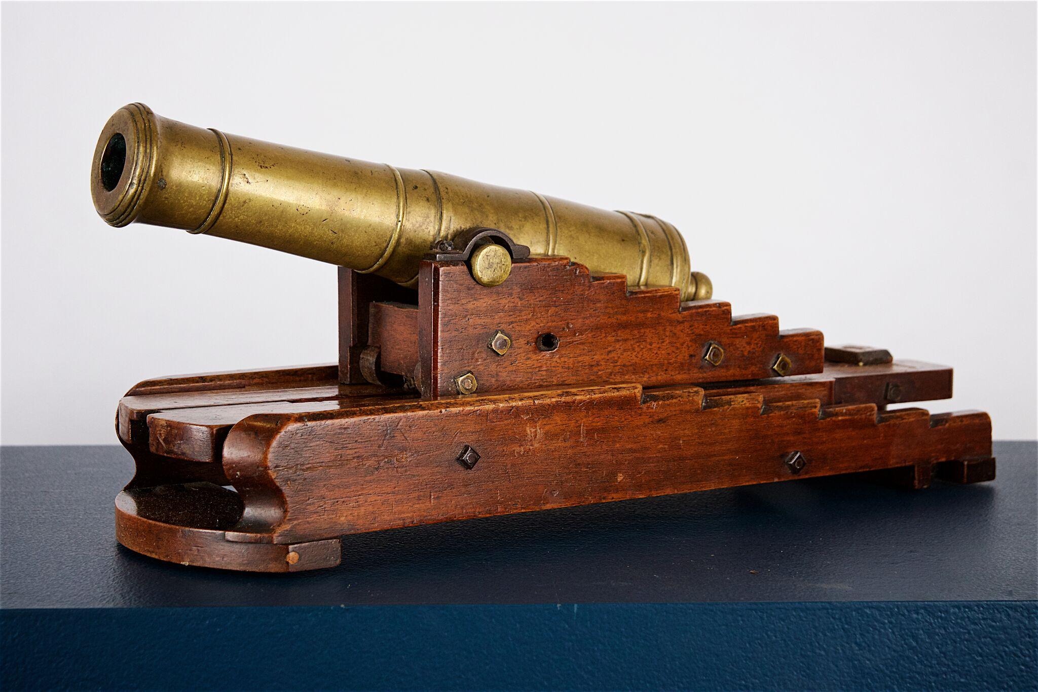 Brass Pair of 19th Century Models of 32-Pounder Canon on Mahogany Elevating Carriages