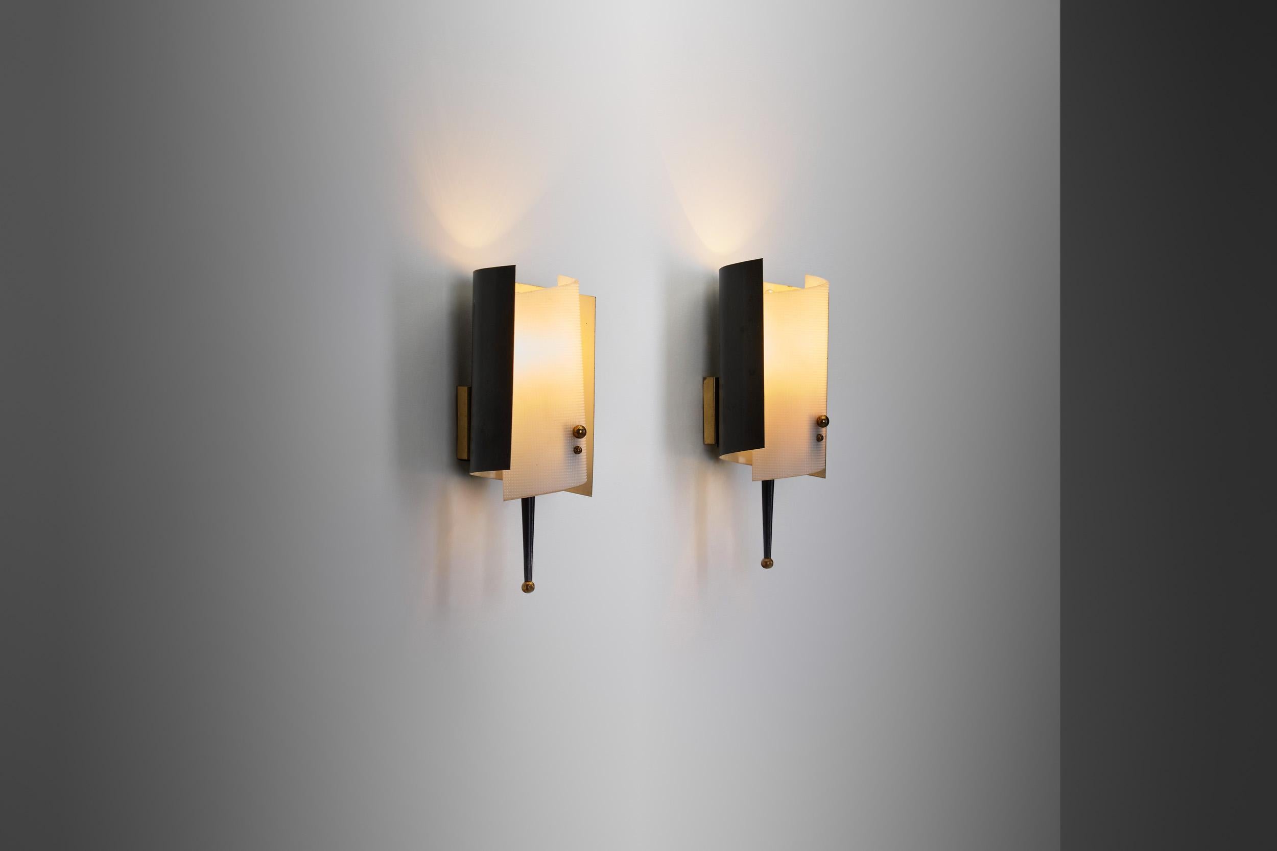 French A Pair of Brass and Acrylic Wall Lamps by Jacques Biny, France 1950s For Sale