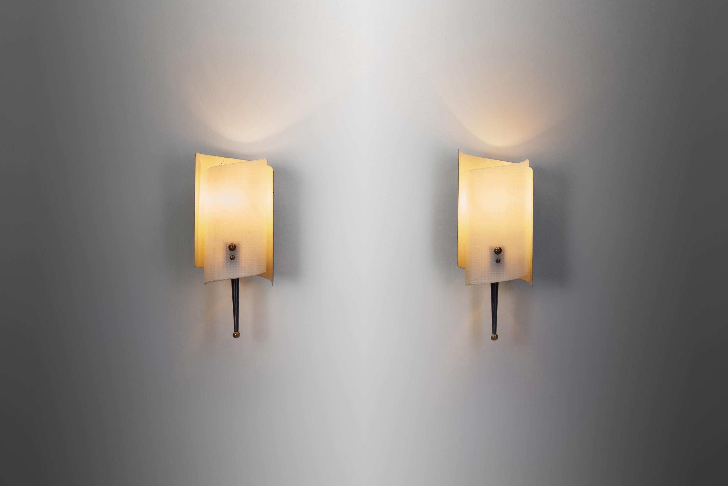 Mid-20th Century A Pair of Brass and Acrylic Wall Lamps by Jacques Biny, France 1950s For Sale