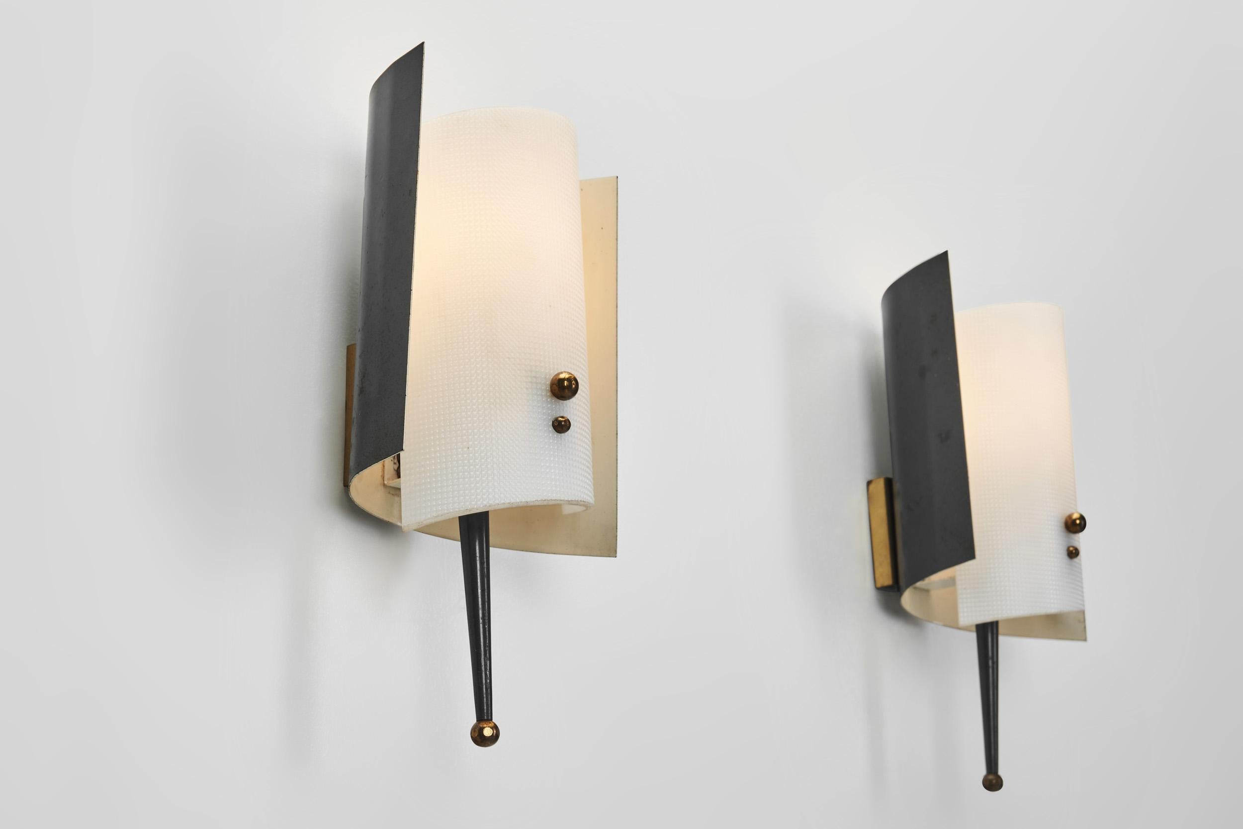 A Pair of Brass and Acrylic Wall Lamps by Jacques Biny, France 1950s 2