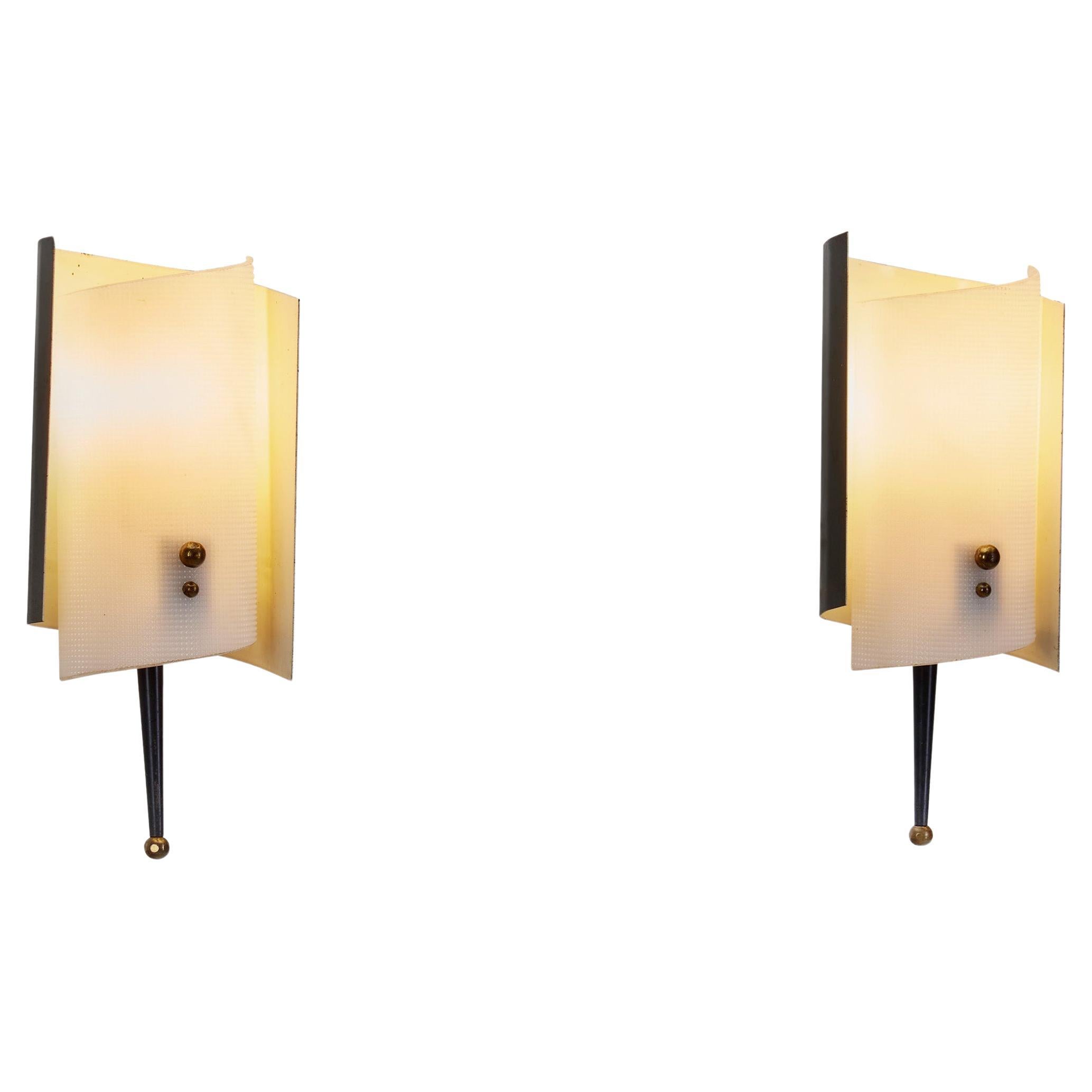 A Pair of Brass and Acrylic Wall Lamps by Jacques Biny, France 1950s