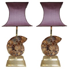 Pair of Brass and Ammonite Modern Table Lamps, Italy, 2000
