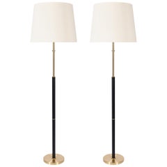 Pair of Brass and Black Leather Floor Lamps, in the Manner of Jacques Adnet