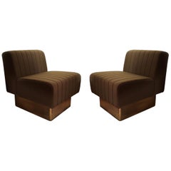 Pair of Brass and Brown Wool Midcentury Italian Lounge Chairs, 1970