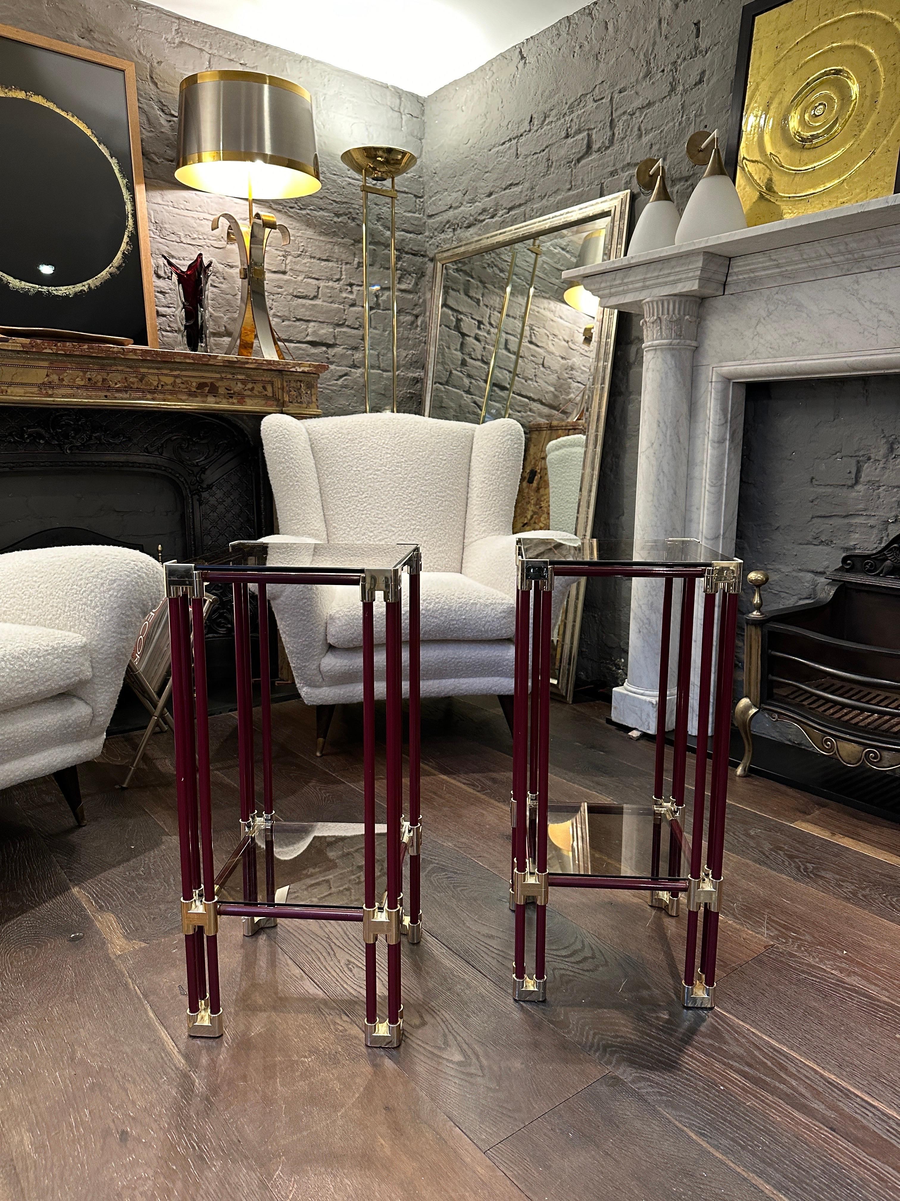 A Pair Of Brass and Burgundy Lacquered Two Tier Side Tables  4