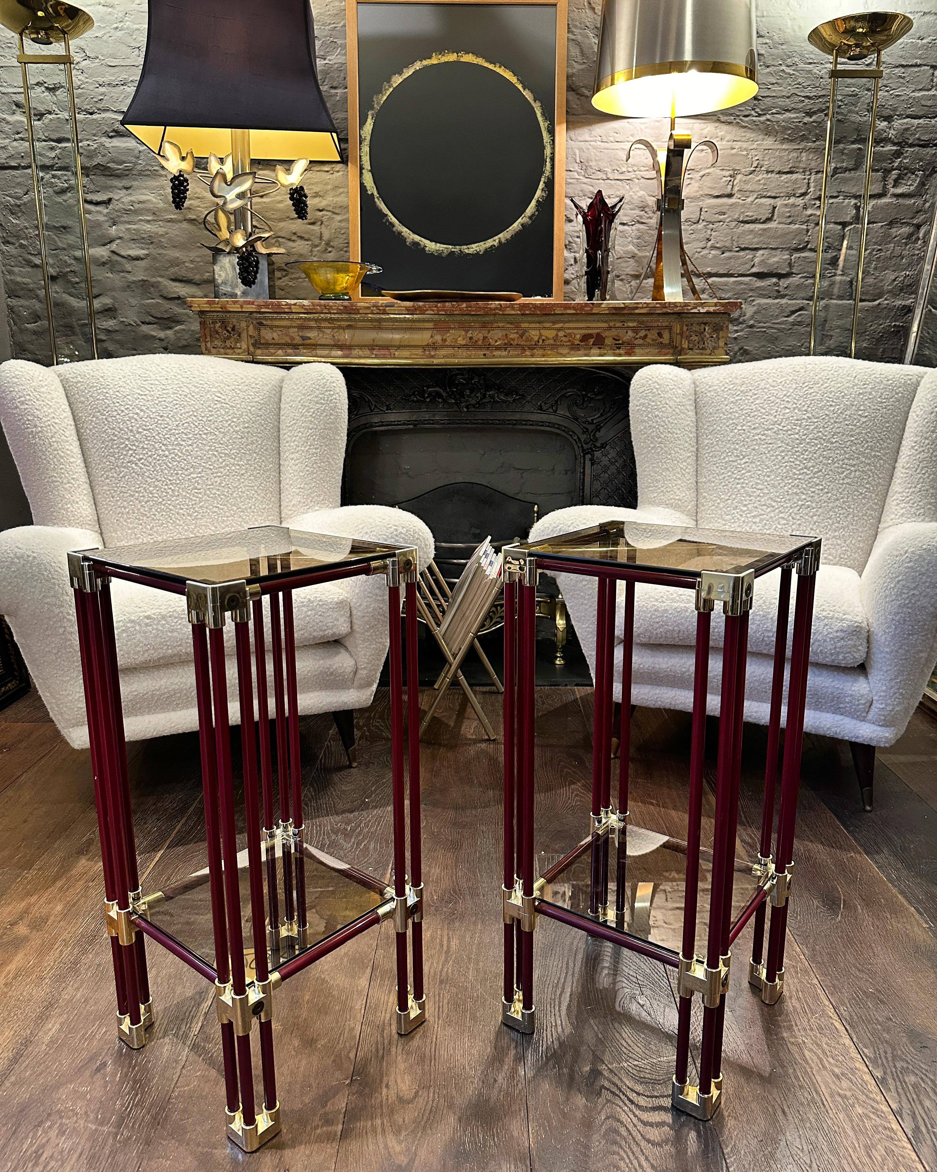 A Pair Of Brass and Burgundy Lacquered Two Tier Side Tables  5