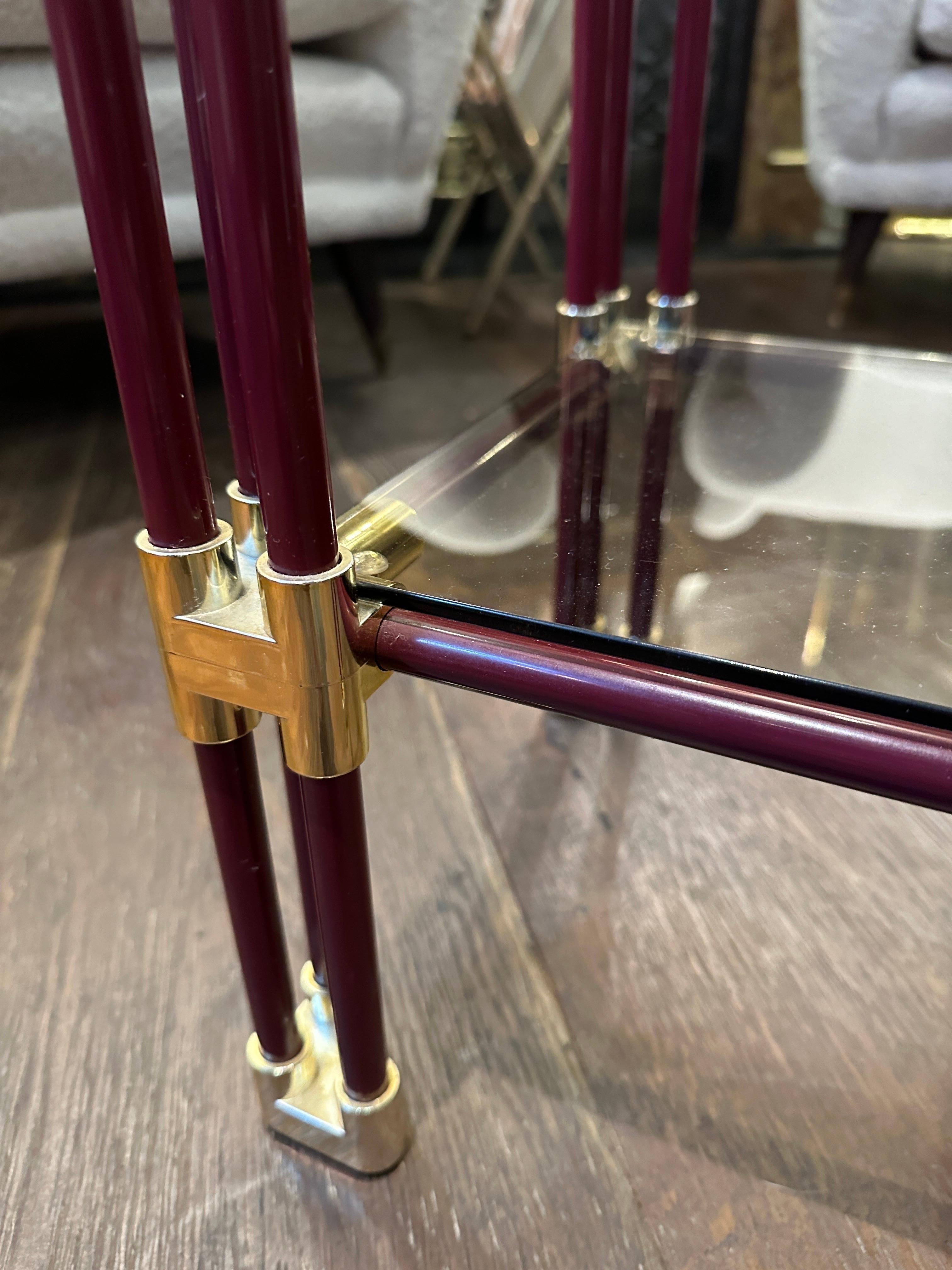 French A Pair Of Brass and Burgundy Lacquered Two Tier Side Tables 
