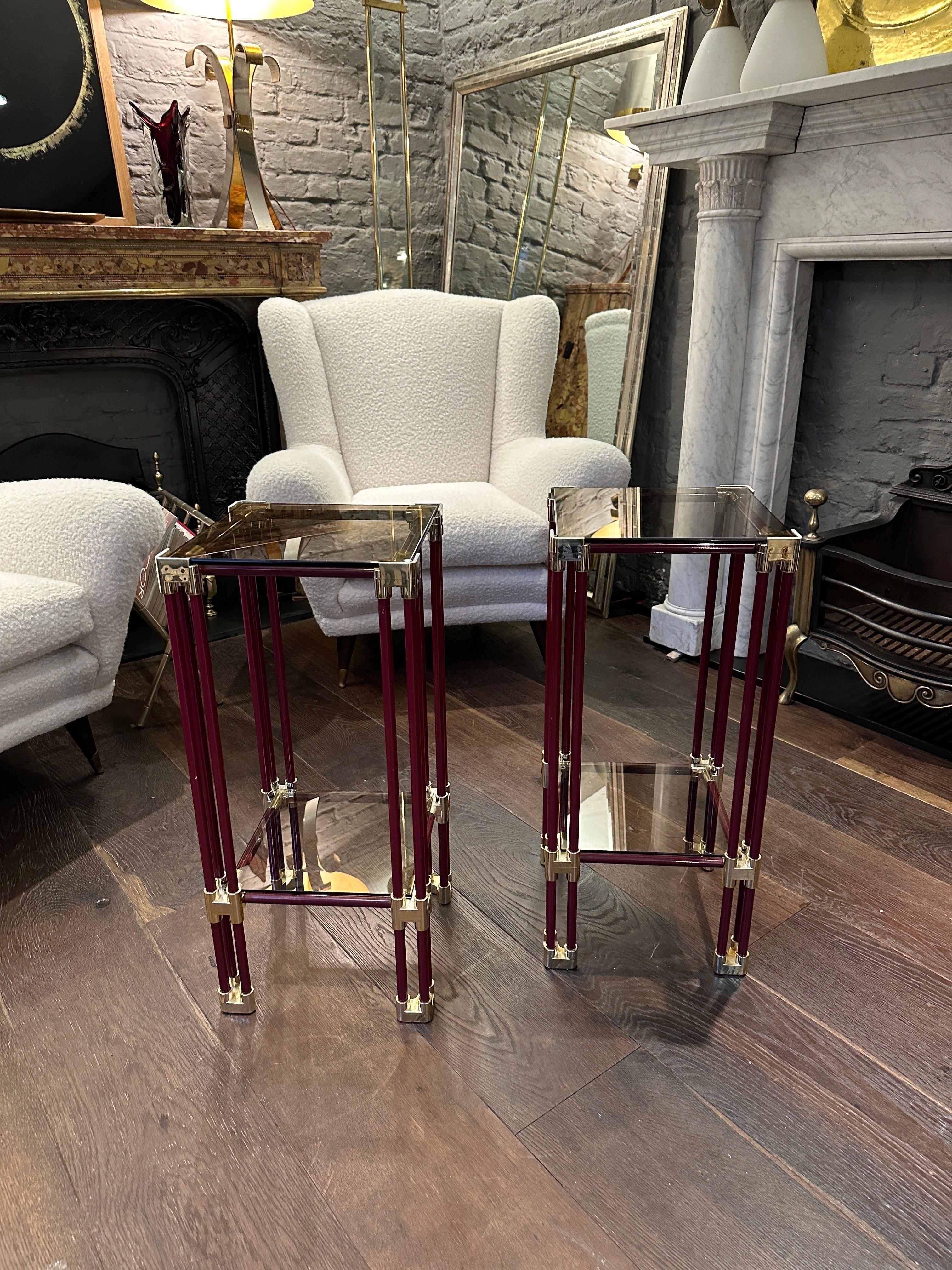 Late 20th Century A Pair Of Brass and Burgundy Lacquered Two Tier Side Tables 