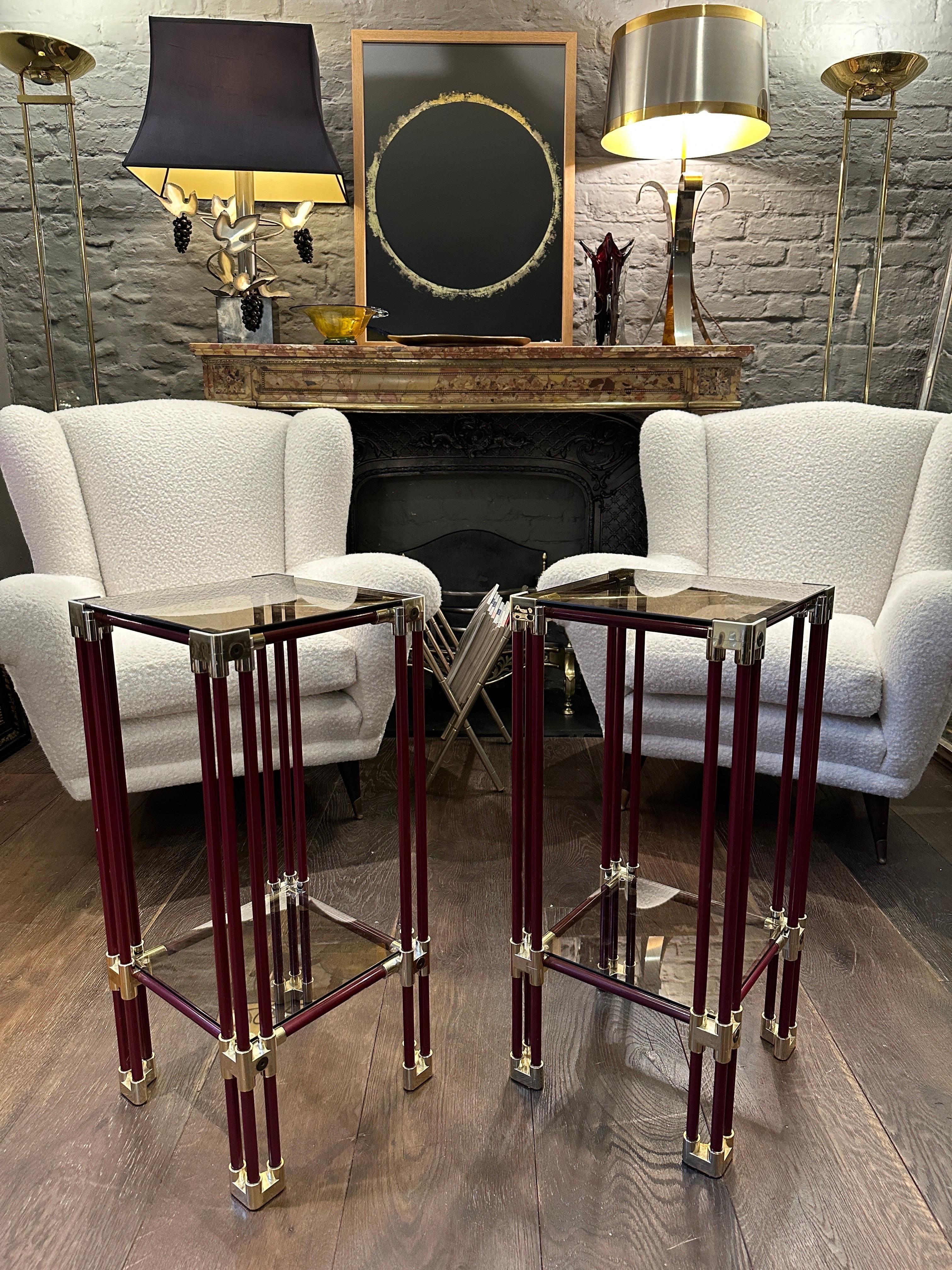 A Pair Of Brass and Burgundy Lacquered Two Tier Side Tables  1