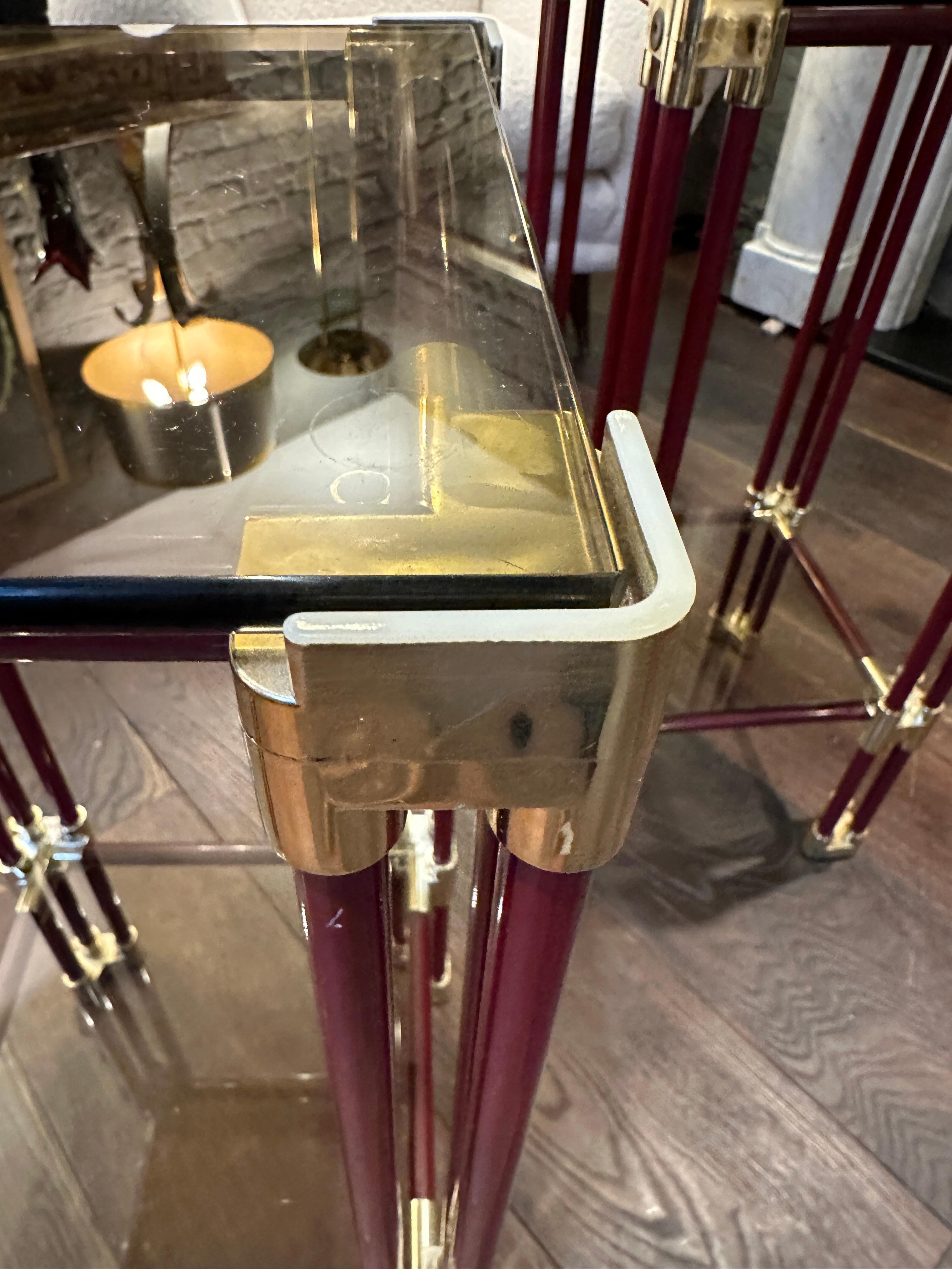 A Pair Of Brass and Burgundy Lacquered Two Tier Side Tables  2