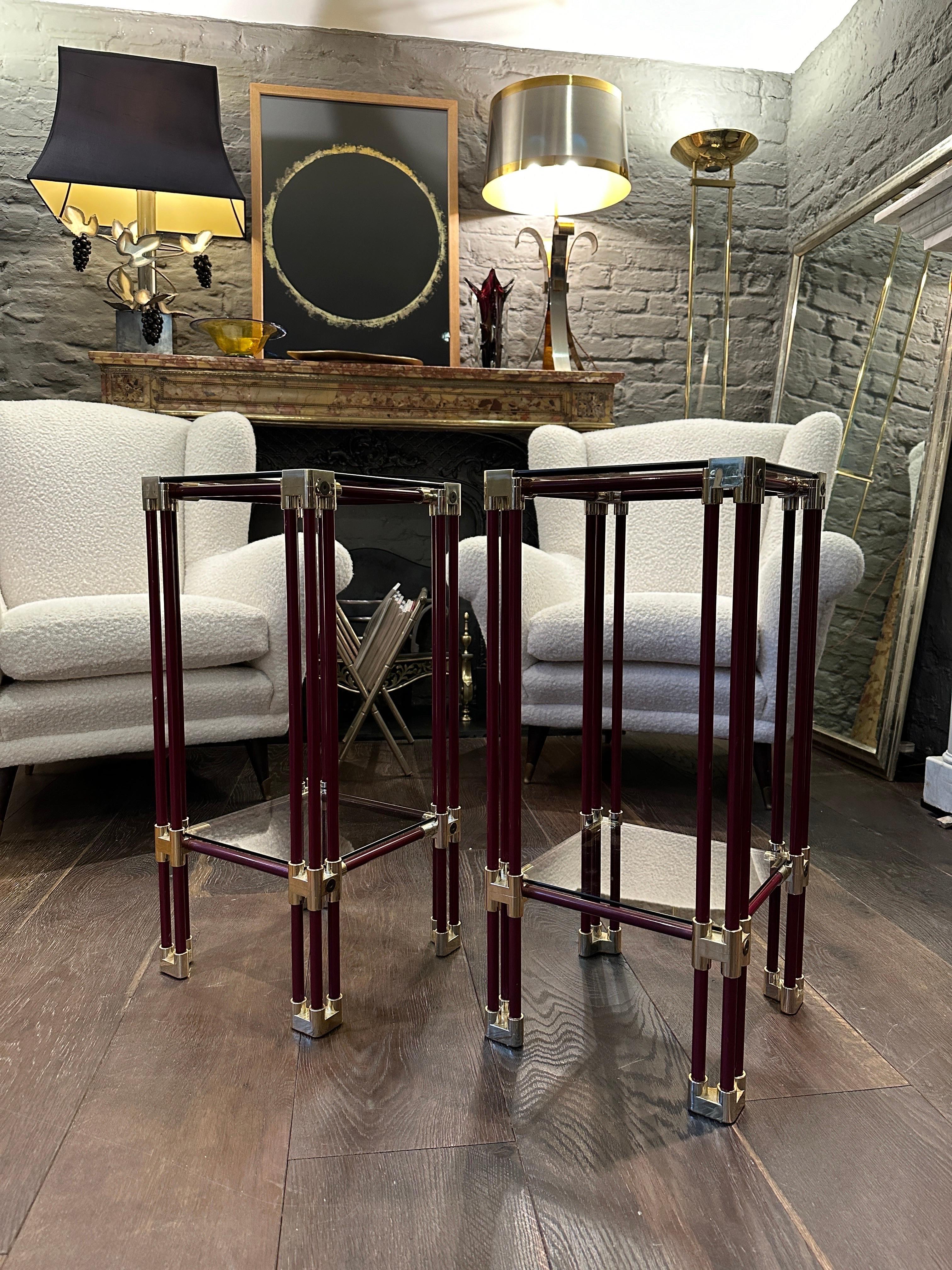A Pair Of Brass and Burgundy Lacquered Two Tier Side Tables  3