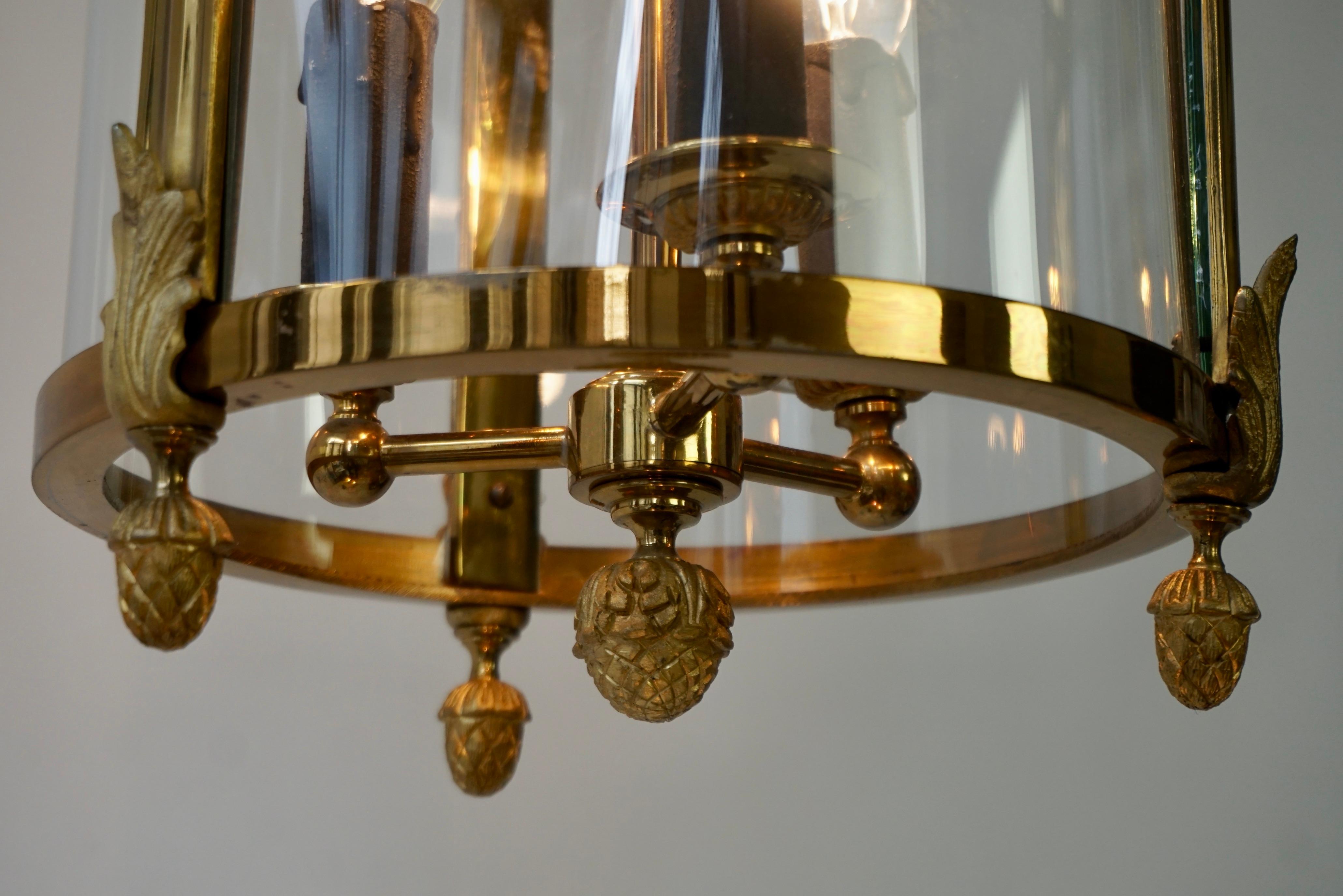 A Pair of Brass and Glass Three Light Lanterns For Sale 7