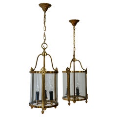 Vintage A Pair of Brass and Glass Three Light Lanterns
