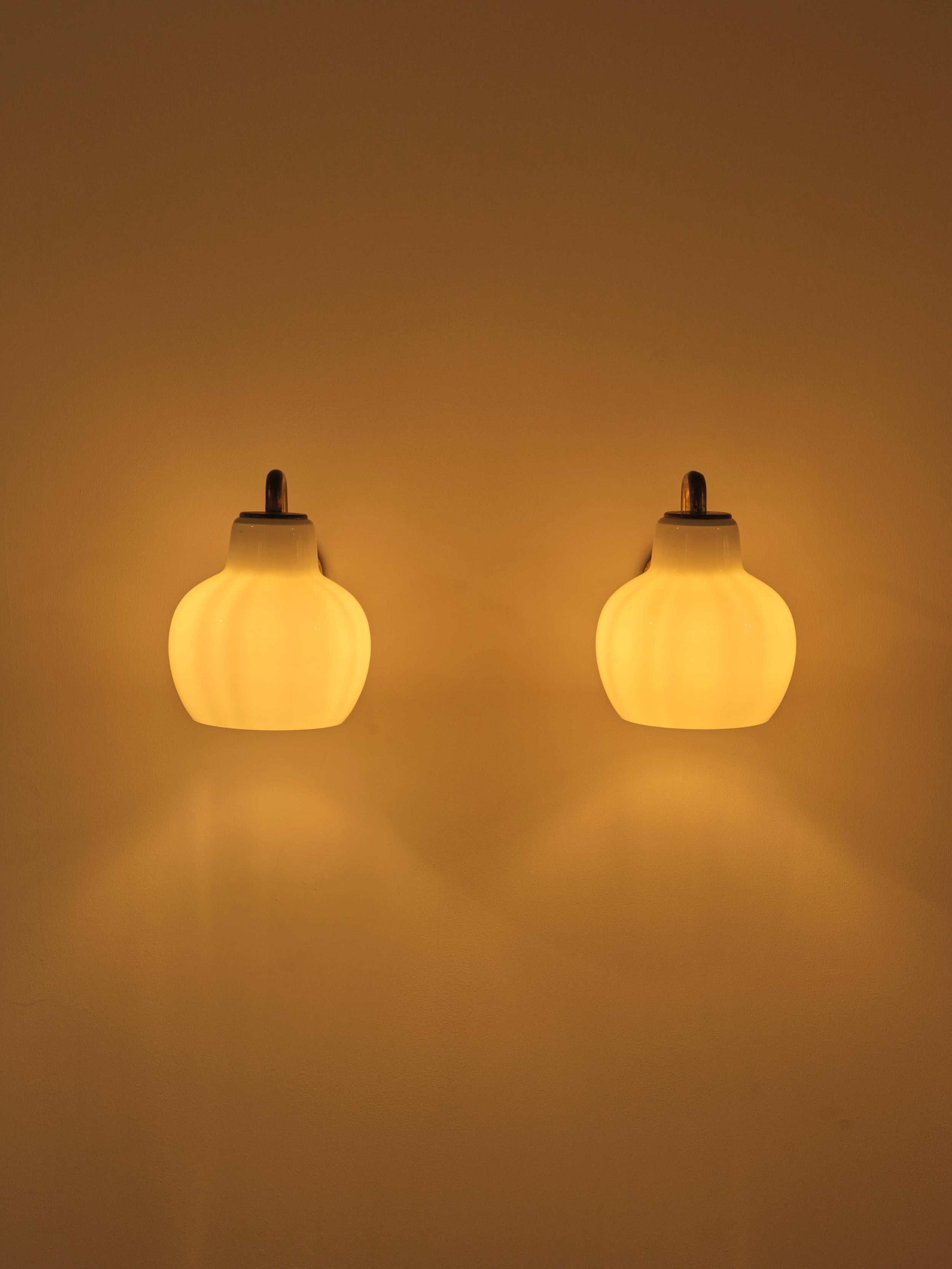 Danish A Pair of Brass and Glass Wall Sconces by Vilhelm Lauritzen for Louis Poulsen