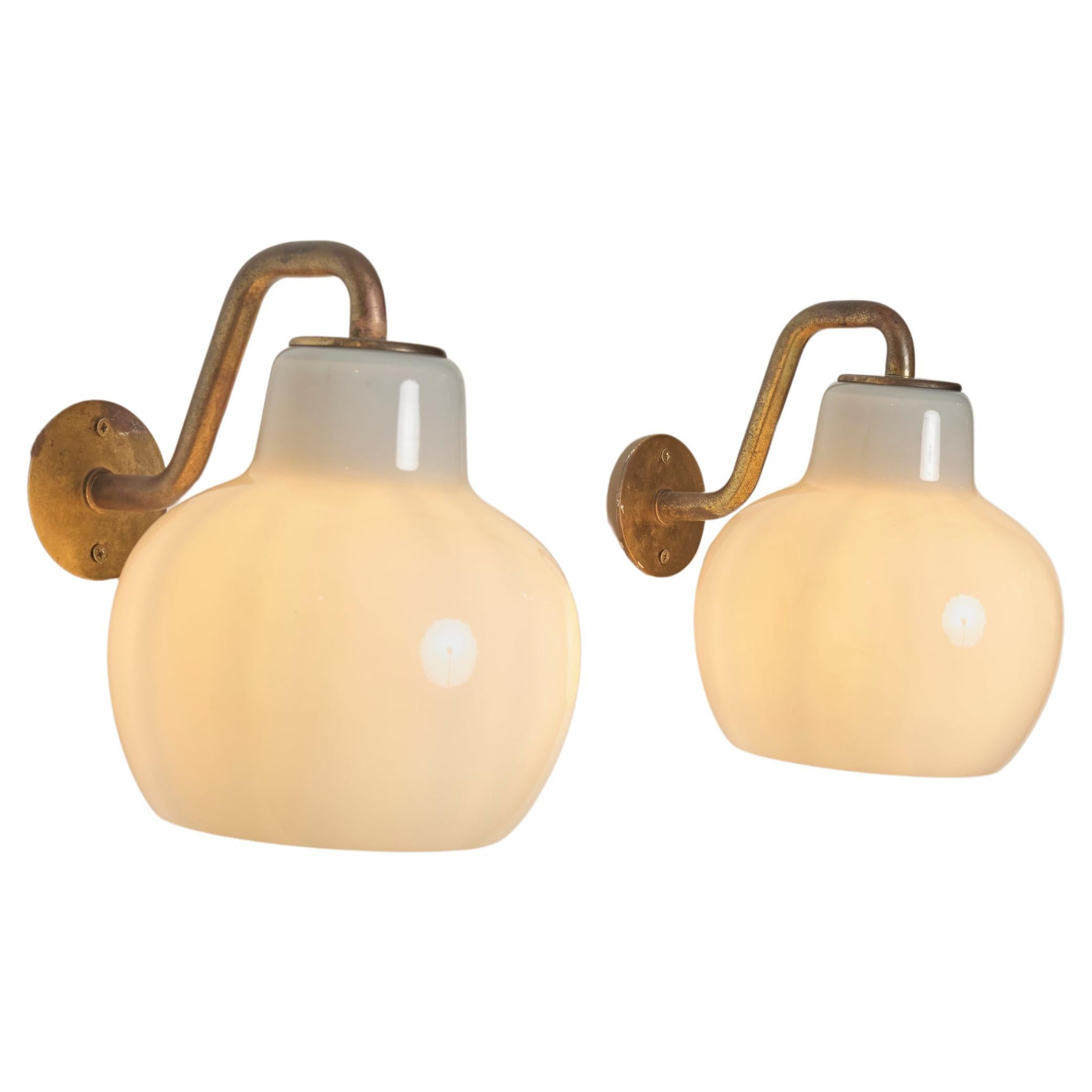 A Pair of Brass and Glass Wall Sconces by Vilhelm Lauritzen for Louis Poulsen