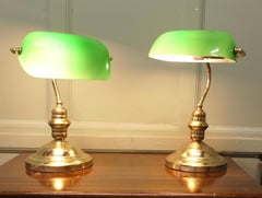A Pair of Brass and Green Glass Banker’s Lamps  A beautiful pair