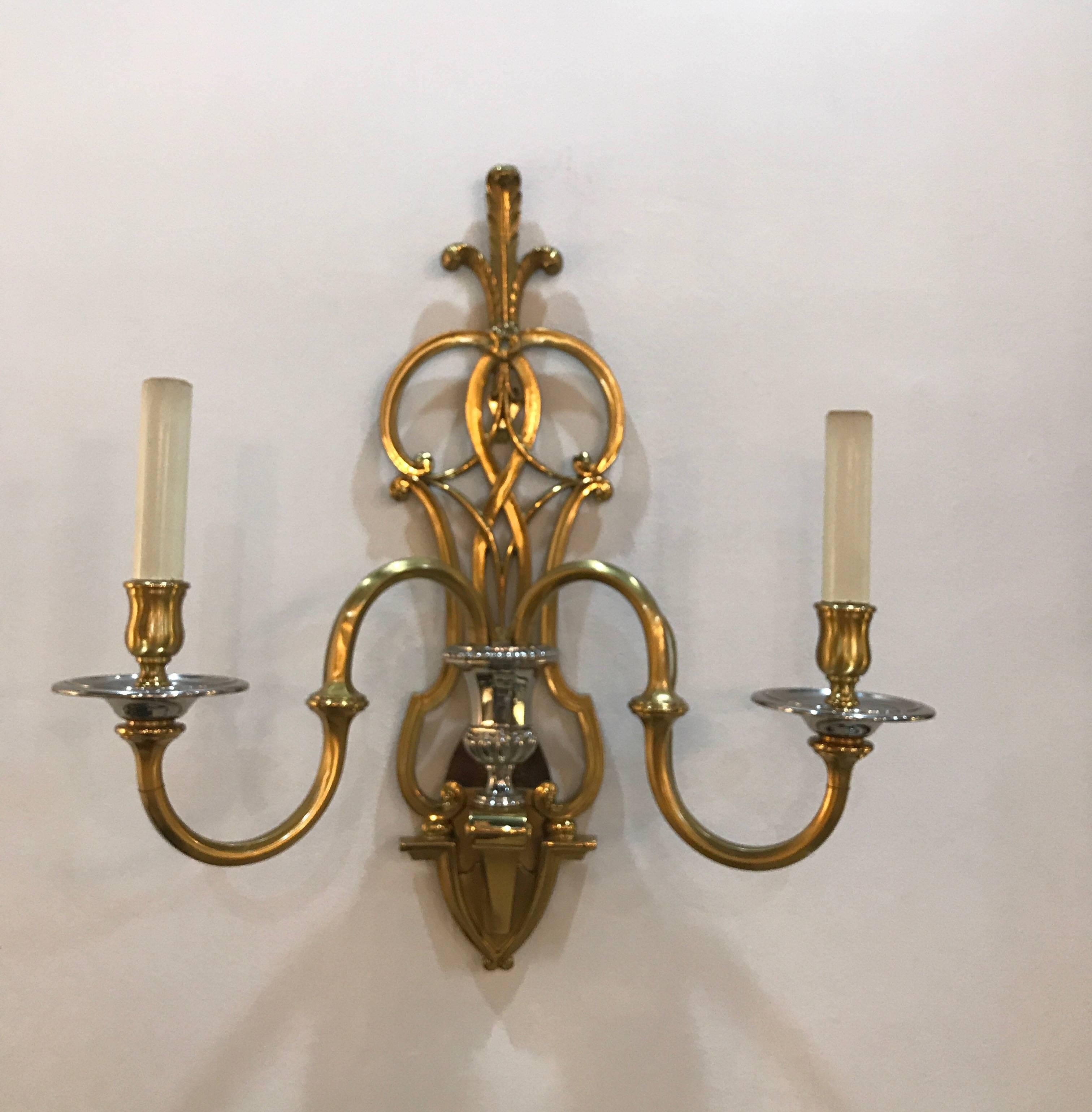 Fabulous Pair of Brass and Nickel 2 light Wall Sconces 3