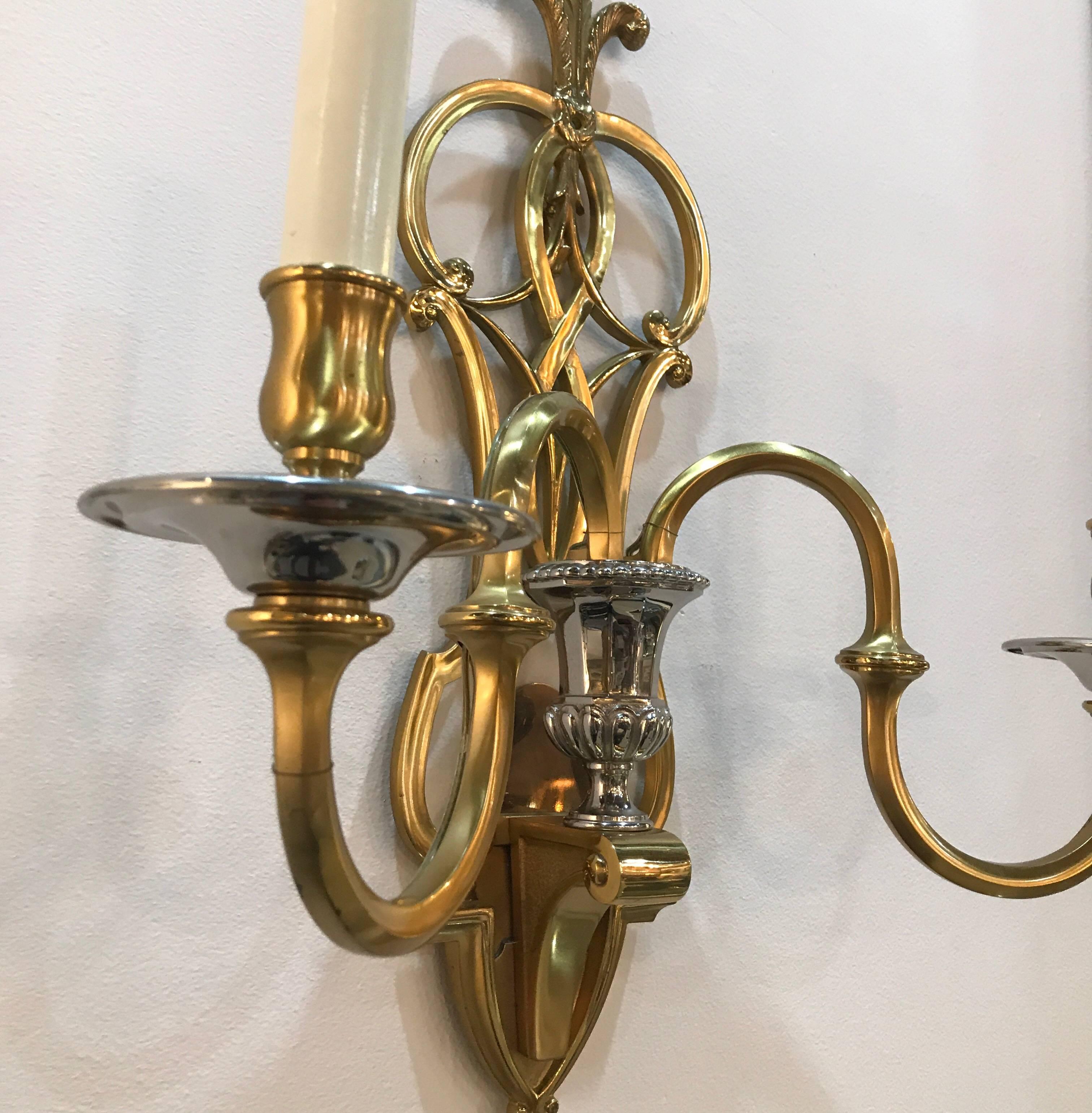 American Fabulous Pair of Brass and Nickel 2 light Wall Sconces