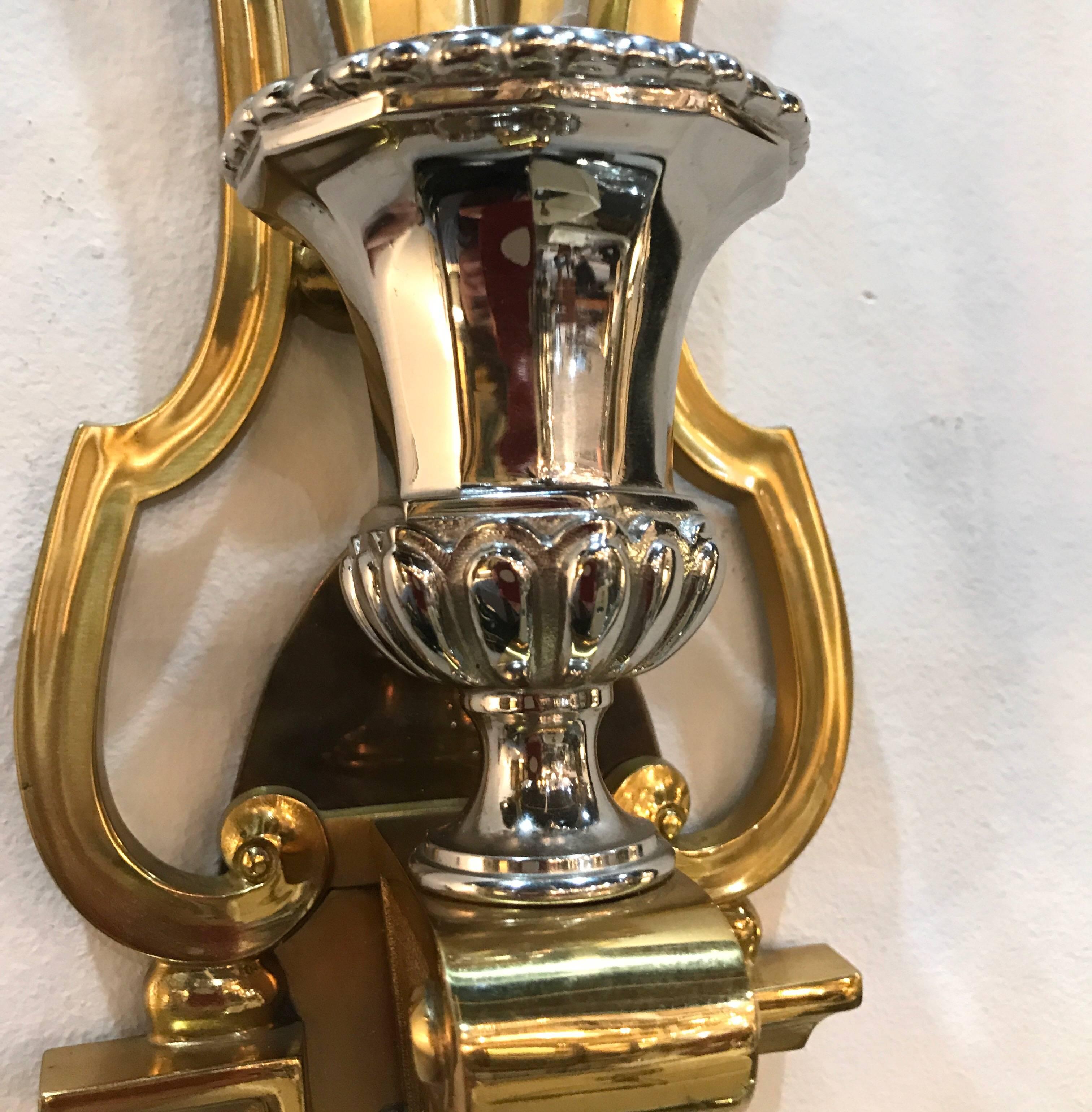 Fabulous Pair of Brass and Nickel 2 light Wall Sconces In Excellent Condition In Lambertville, NJ
